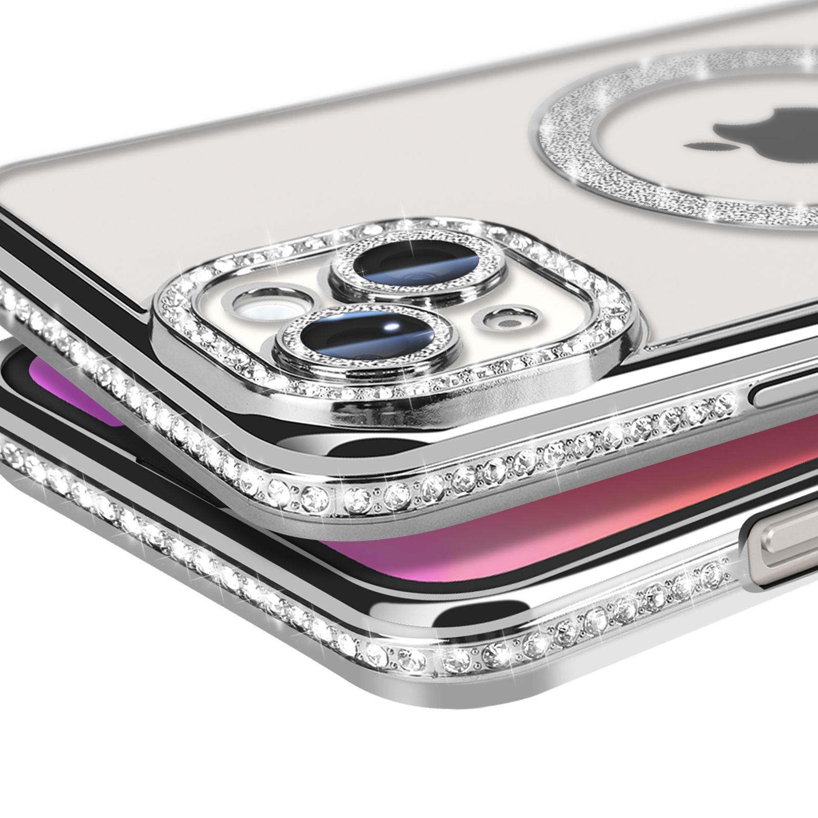 Custodia trasparente con glitter argentati attorno alla fotocamera e ai bordi. L'iPhone è sotto la custodia.
