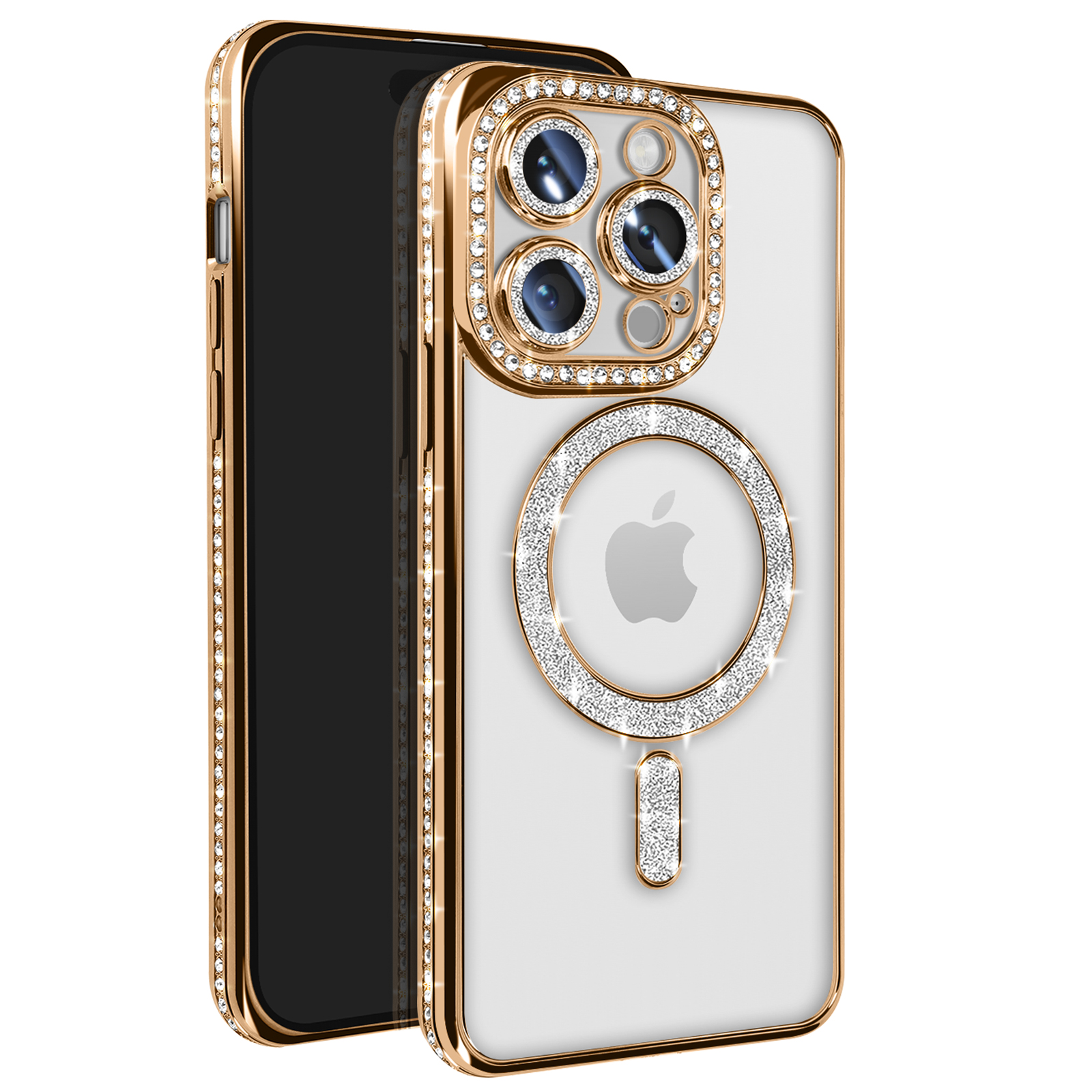 Custodia dorata con inserti di diamanti attorno alle fotocamere e cerchio MagSafe, retro trasparente.