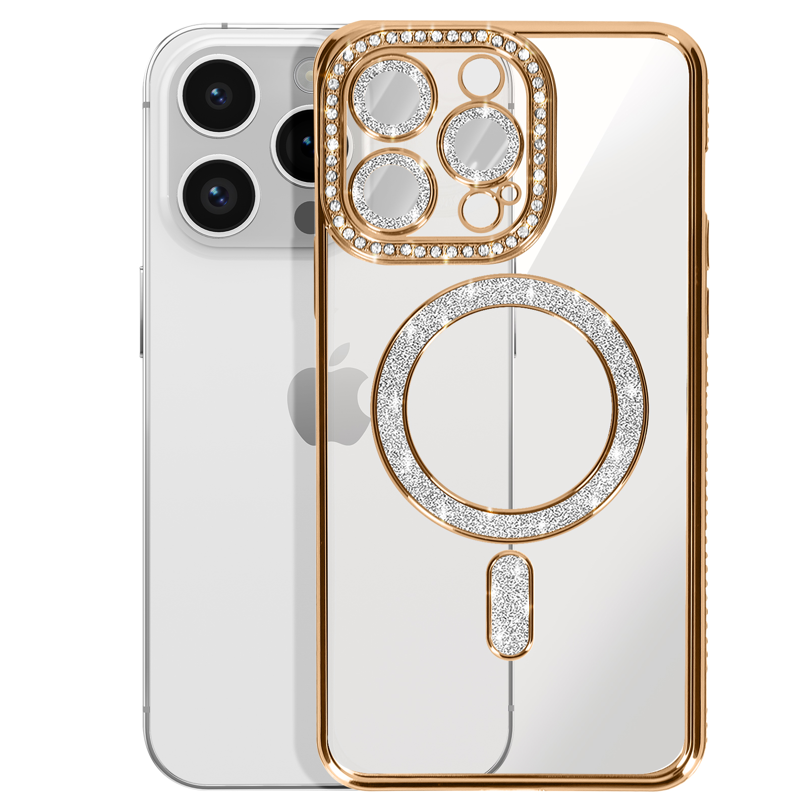 Custodia trasparente con dettagli dorati, che copre un iPhone. Glitter intorno alle fotocamere e un cerchio.
