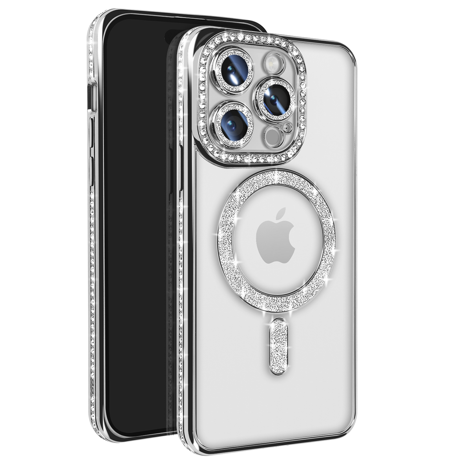 Telefono con custodia trasparente con strass argentati attorno alla fotocamera e all'anello, sfondo bianco.