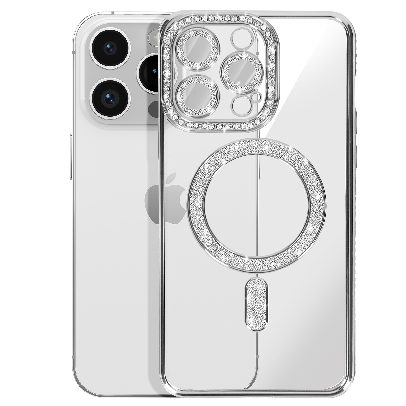 Due telefoni con custodie trasparenti. Le custodie sono ricoperte di strass attorno alla fotocamera e ai bordi.