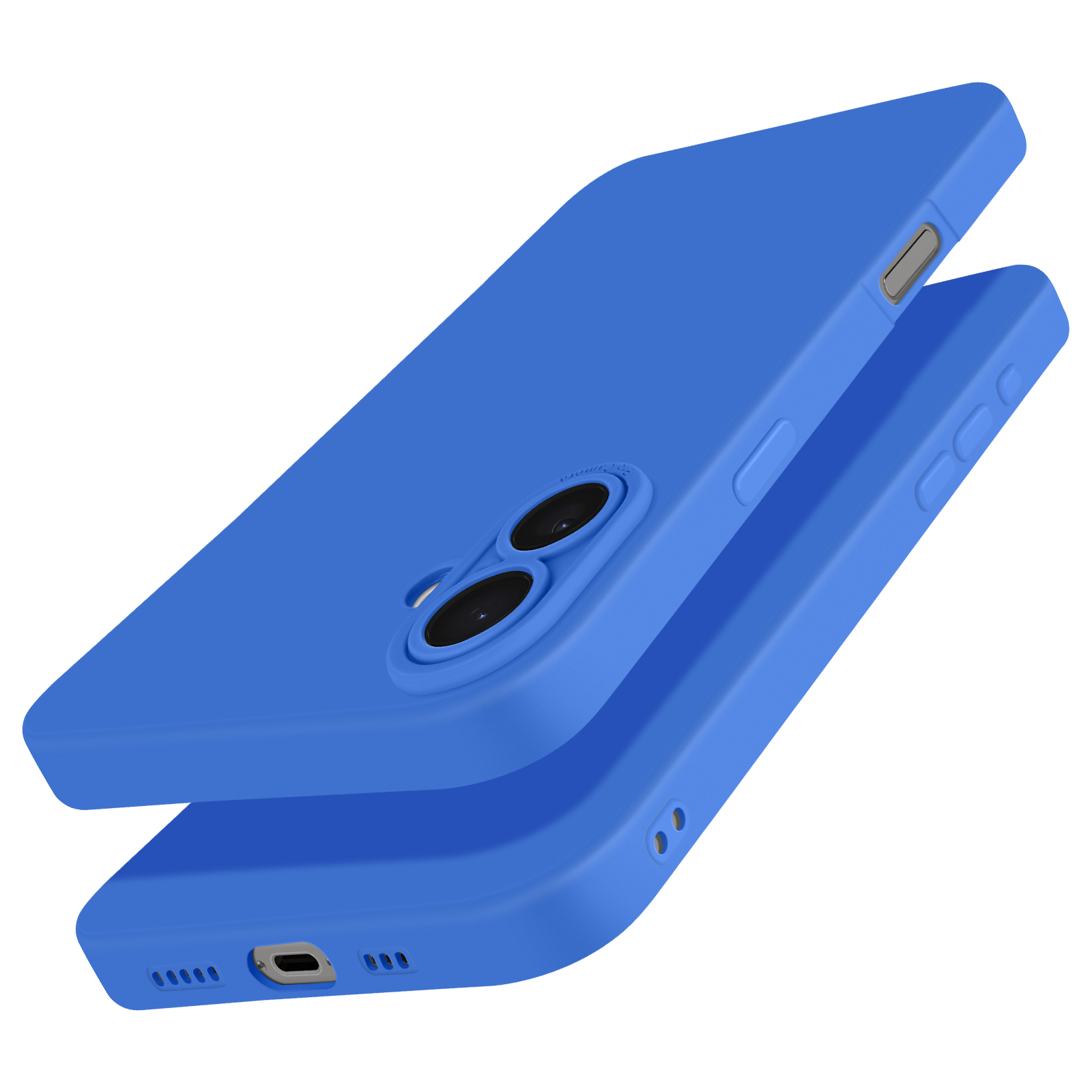 Custodia blu per telefono, due pezzi leggermente separati, che mostrano ritagli della fotocamera e porta di ricarica, su bianco.