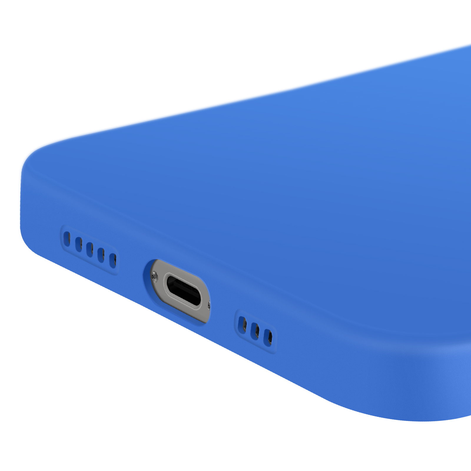 Primo piano di una custodia blu per telefono che mostra la porta di ricarica e i fori degli altoparlanti. Sfondo bianco.