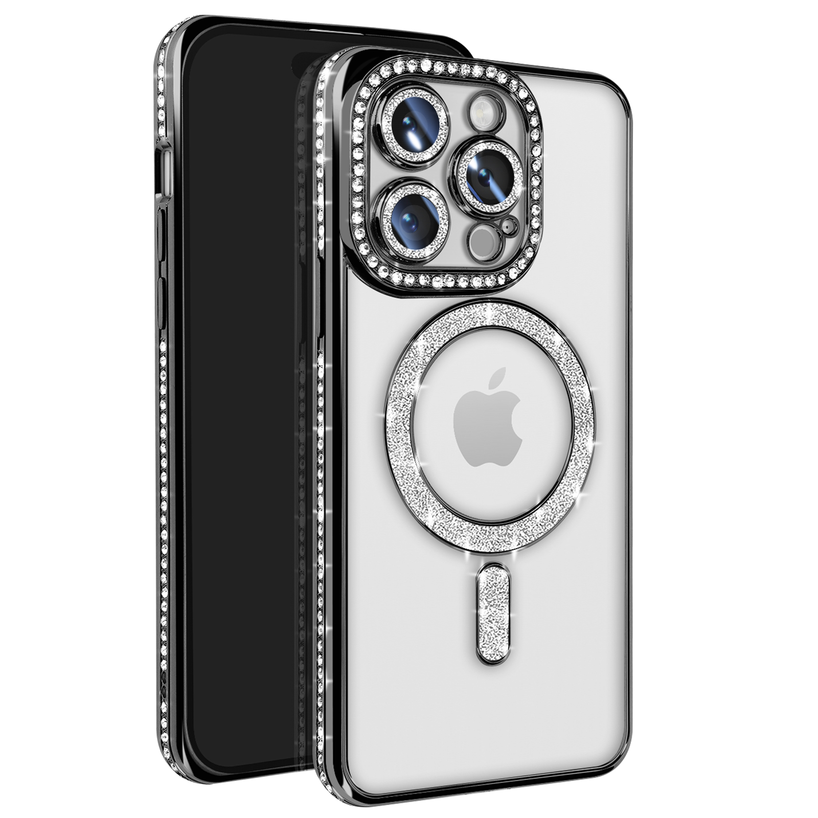 Custodia trasparente con strass argentati. Logo Apple visibile.