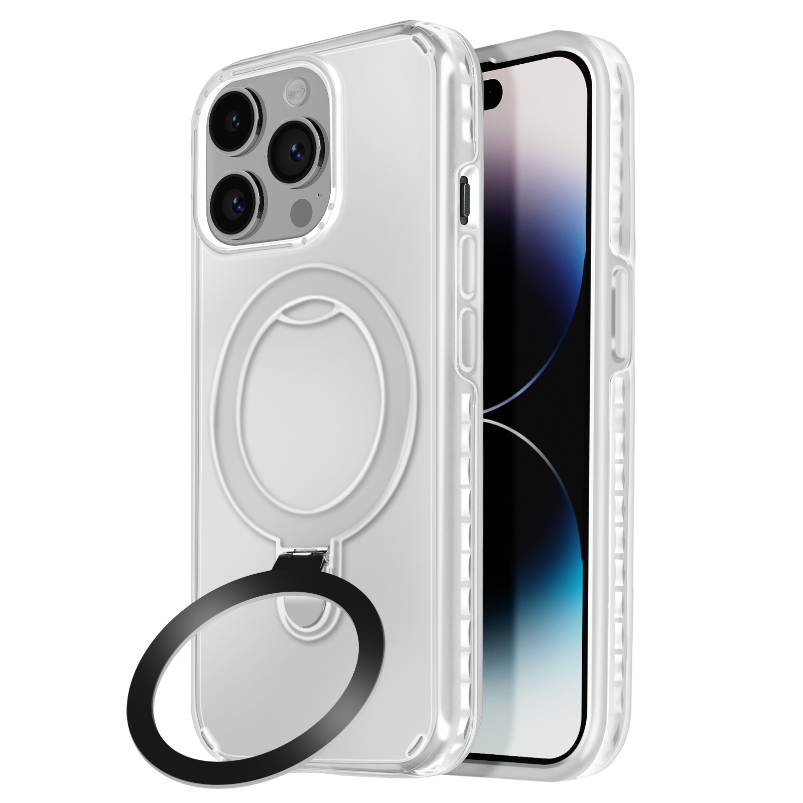 Custodia trasparente con un supporto ad anello nero e un telefono all'interno, su sfondo bianco.
