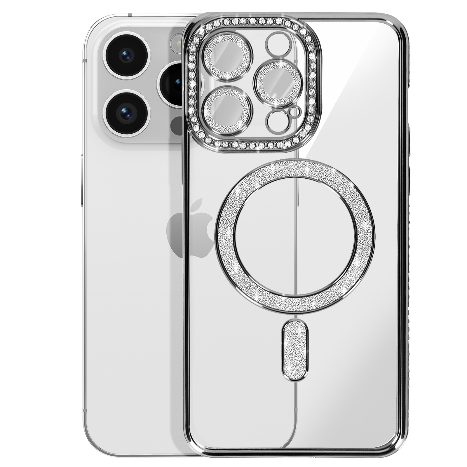 Custodia trasparente con dettagli glitterati argentati, che copre un iPhone. Glitter intorno alle fotocamere e un cerchio.