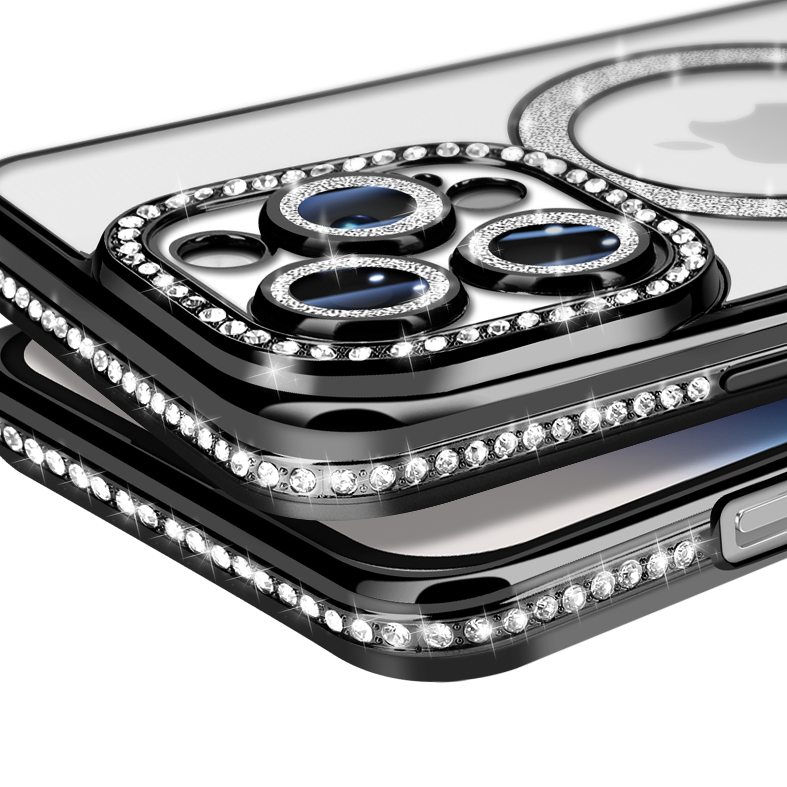Primo piano di una custodia con strass attorno alla fotocamera e ai bordi.