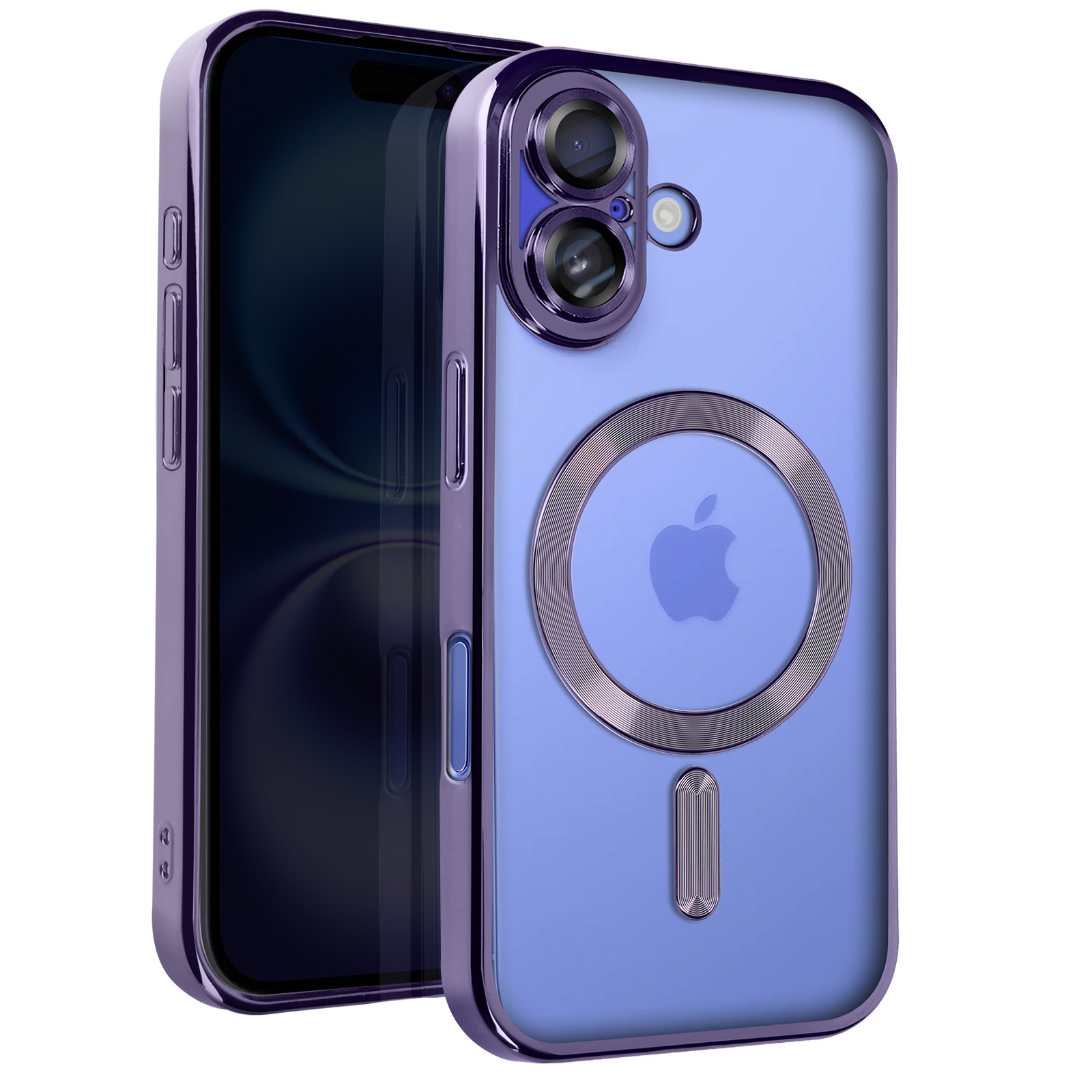 Custodia viola con retro trasparente su un iPhone. Dettagli argentati attorno alla fotocamera e a un cerchio.