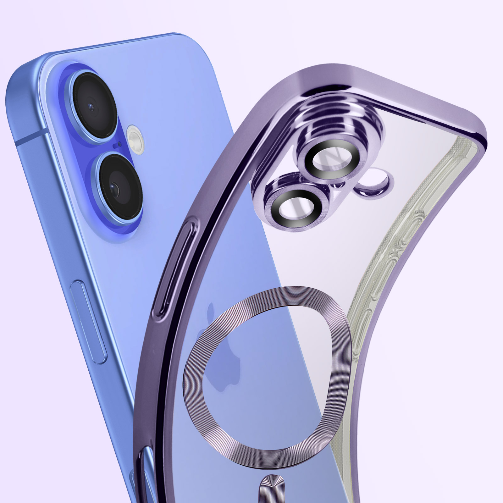 Custodia con cornice viola e telefono all'interno. Logo Apple visibile.