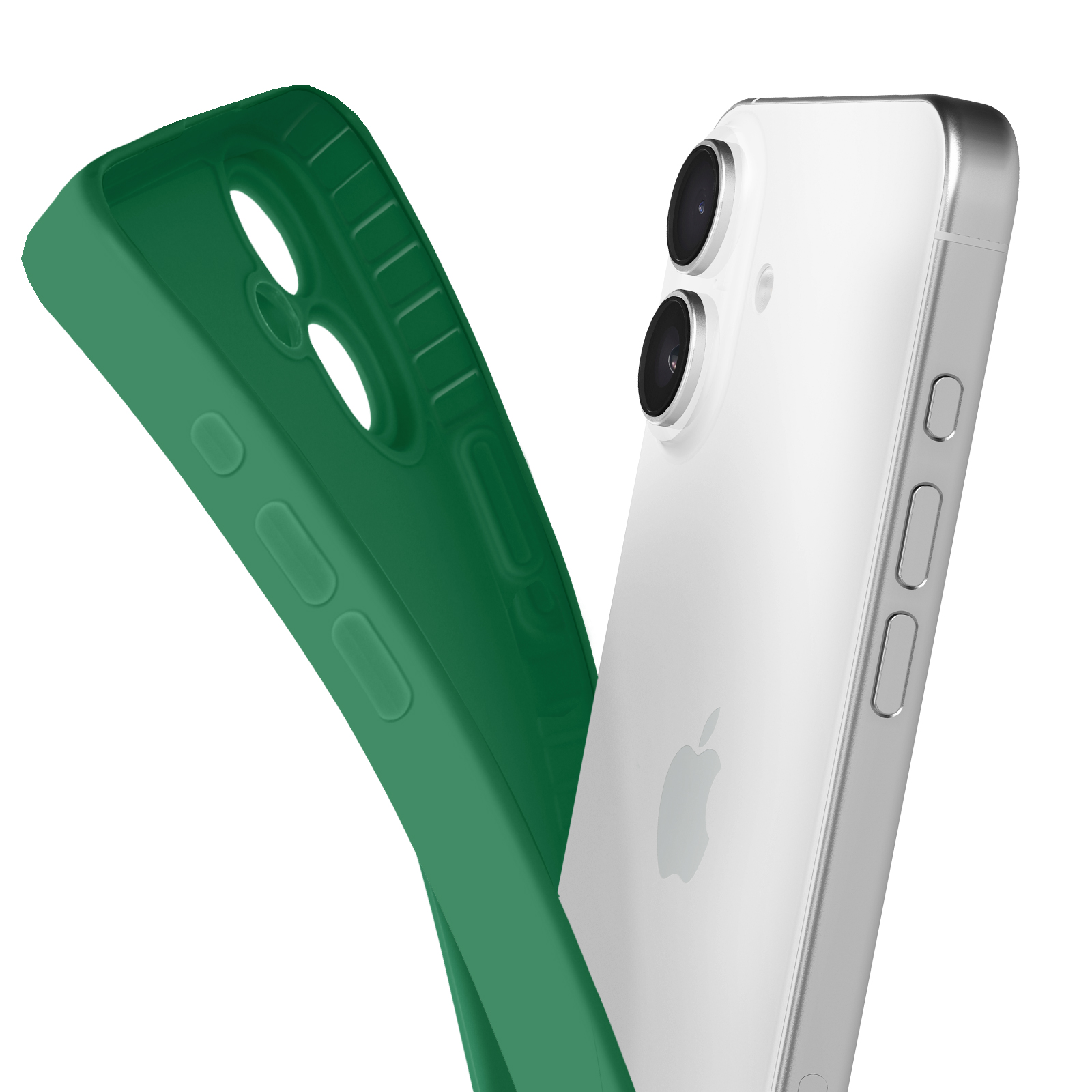 Custodia verde per telefono accanto a un telefono bianco. La custodia è aperta. Il telefono ha due fotocamere.