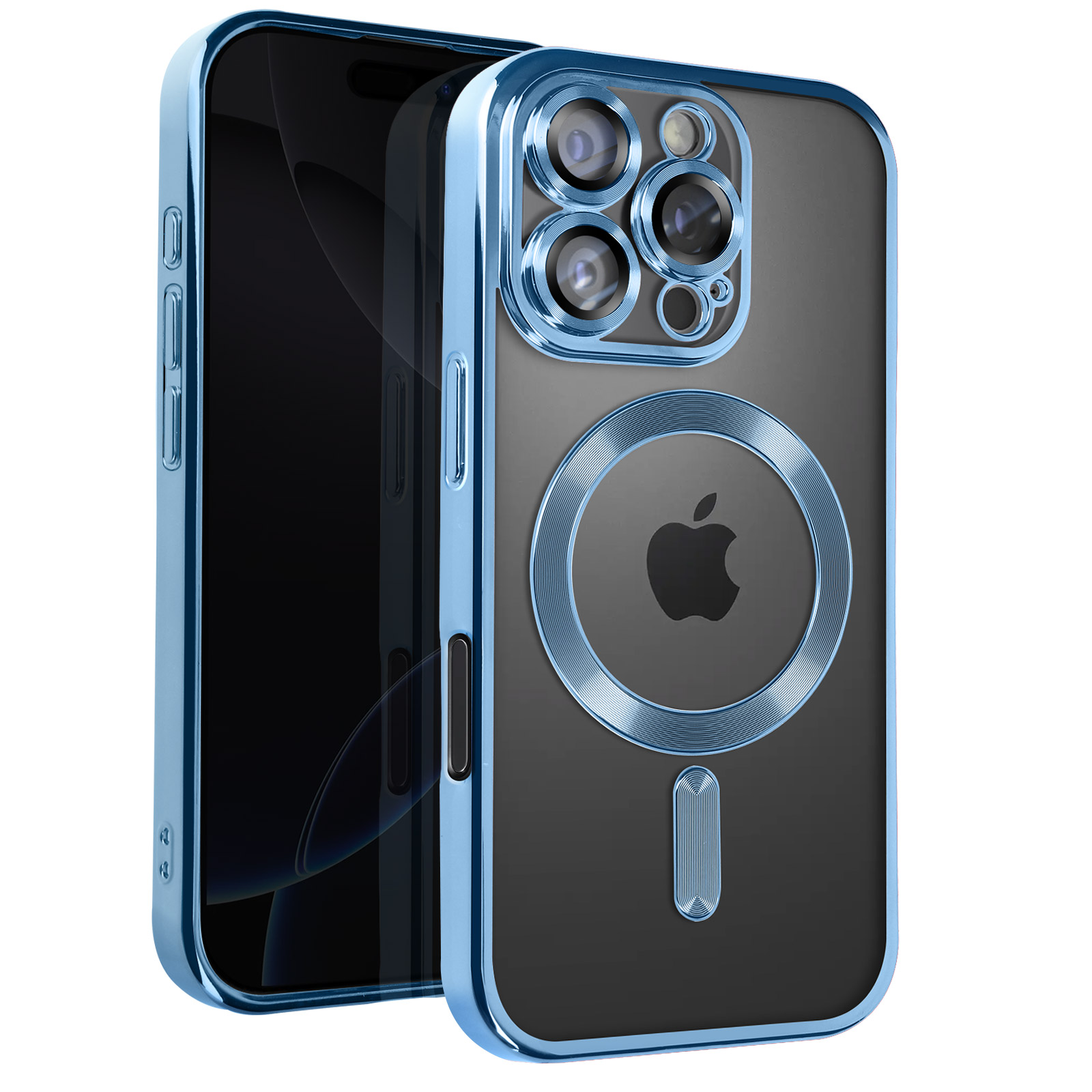 Custodia blu con retro trasparente e logo Apple nero.