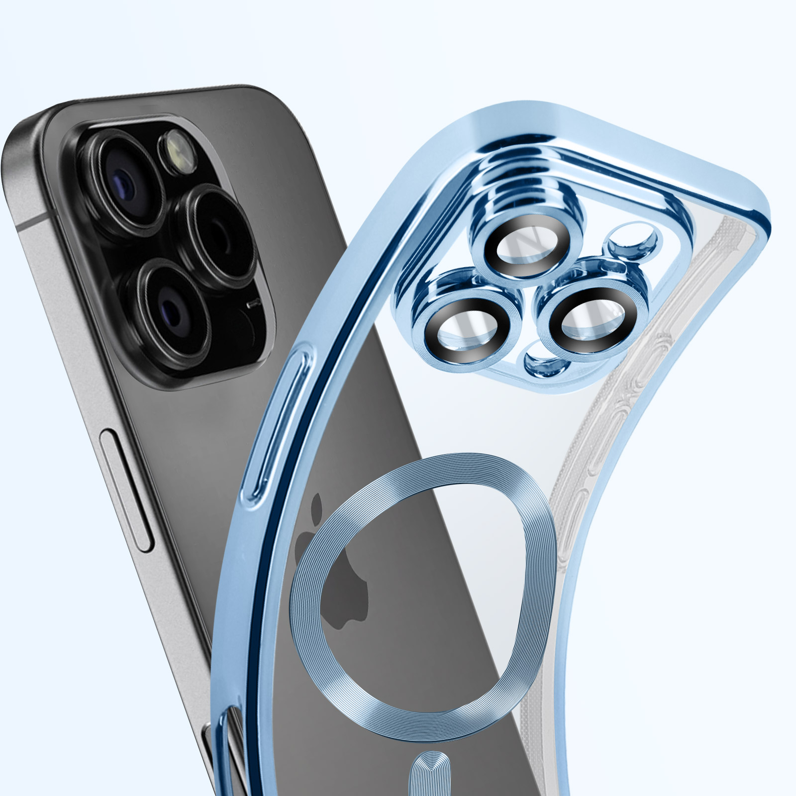 Custodia con cornice blu e telefono all'interno. Logo Apple visibile.
