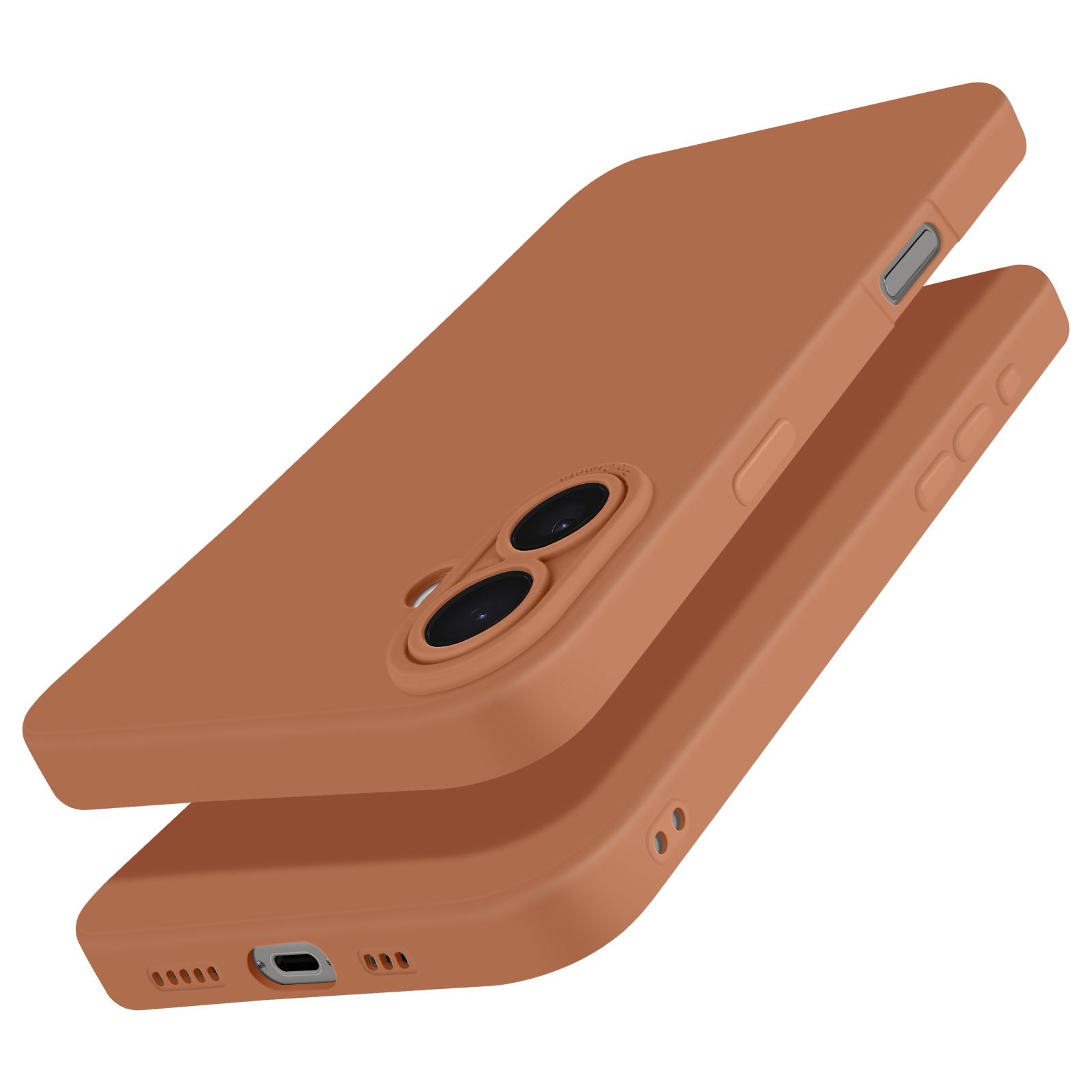 Due custodie marroni per telefono, una leggermente sopra l'altra. Ogni custodia ha fori per la fotocamera e ritagli per i pulsanti.