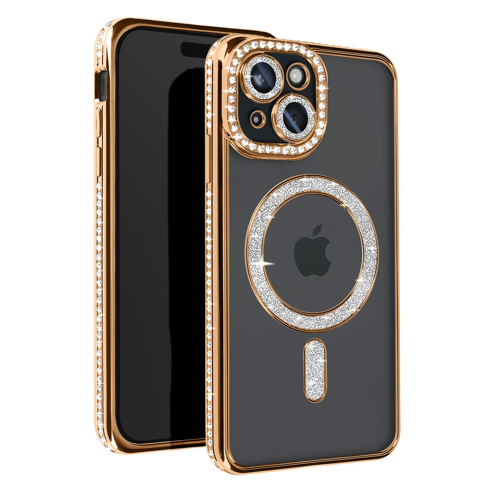 Telefono nero con custodia oro e diamanti. La custodia ha un anello di diamanti e protezione fotocamera.