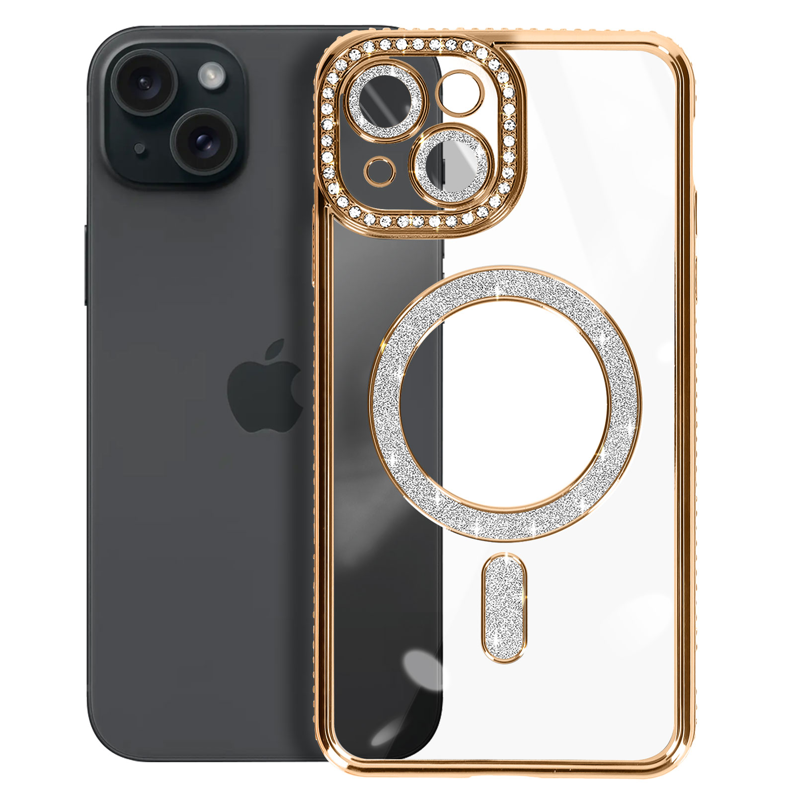 Custodia trasparente con cornice dorata e strass. Logo Apple visibile.