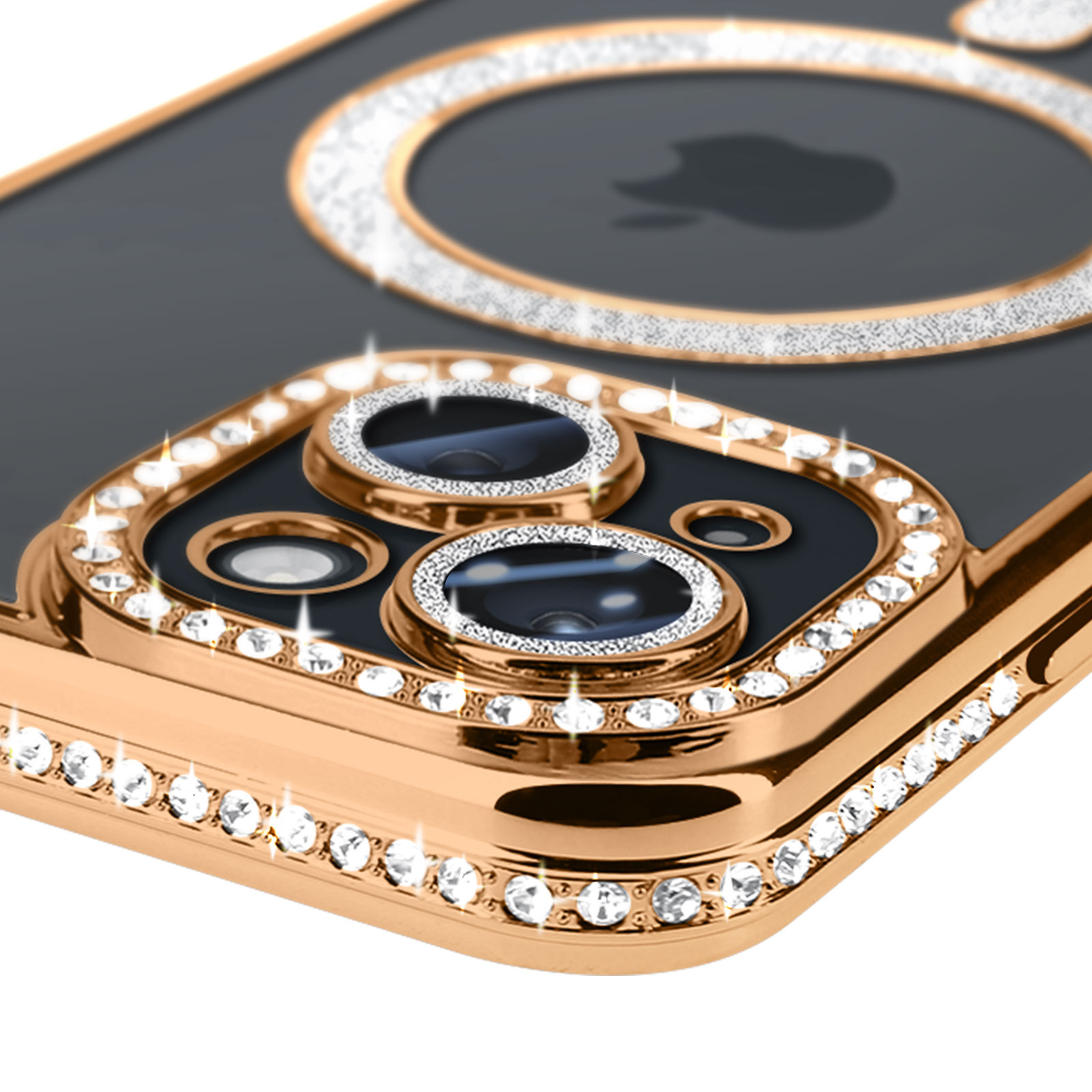 Primo piano di un telefono con una custodia oro e diamanti. La custodia ha dettagli di diamanti attorno alla fotocamera.