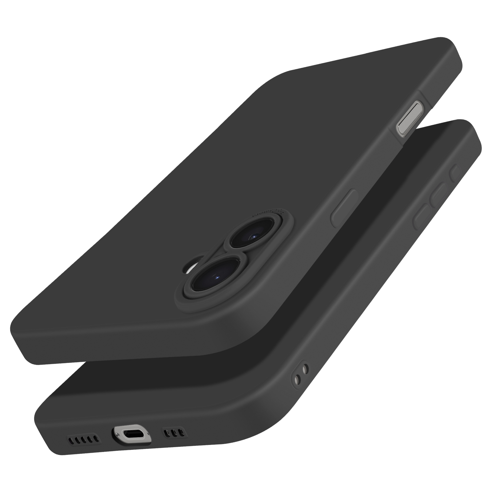 Due custodie nere per telefono, una leggermente sopra l'altra. Ogni custodia ha fori per la fotocamera e ritagli per i pulsanti.