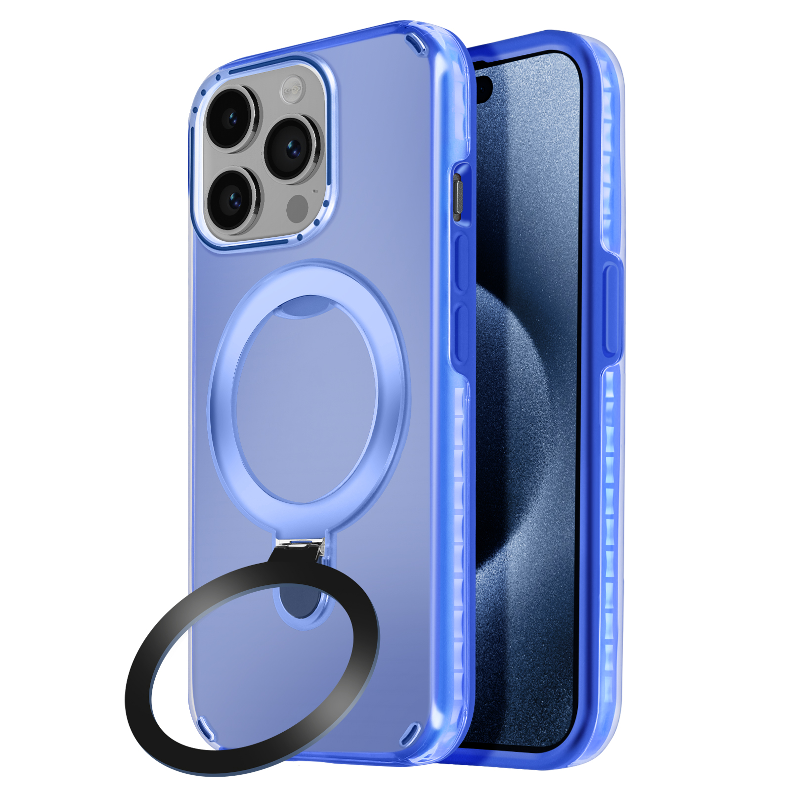 Custodia blu per telefono con anello e telefono, primo piano.