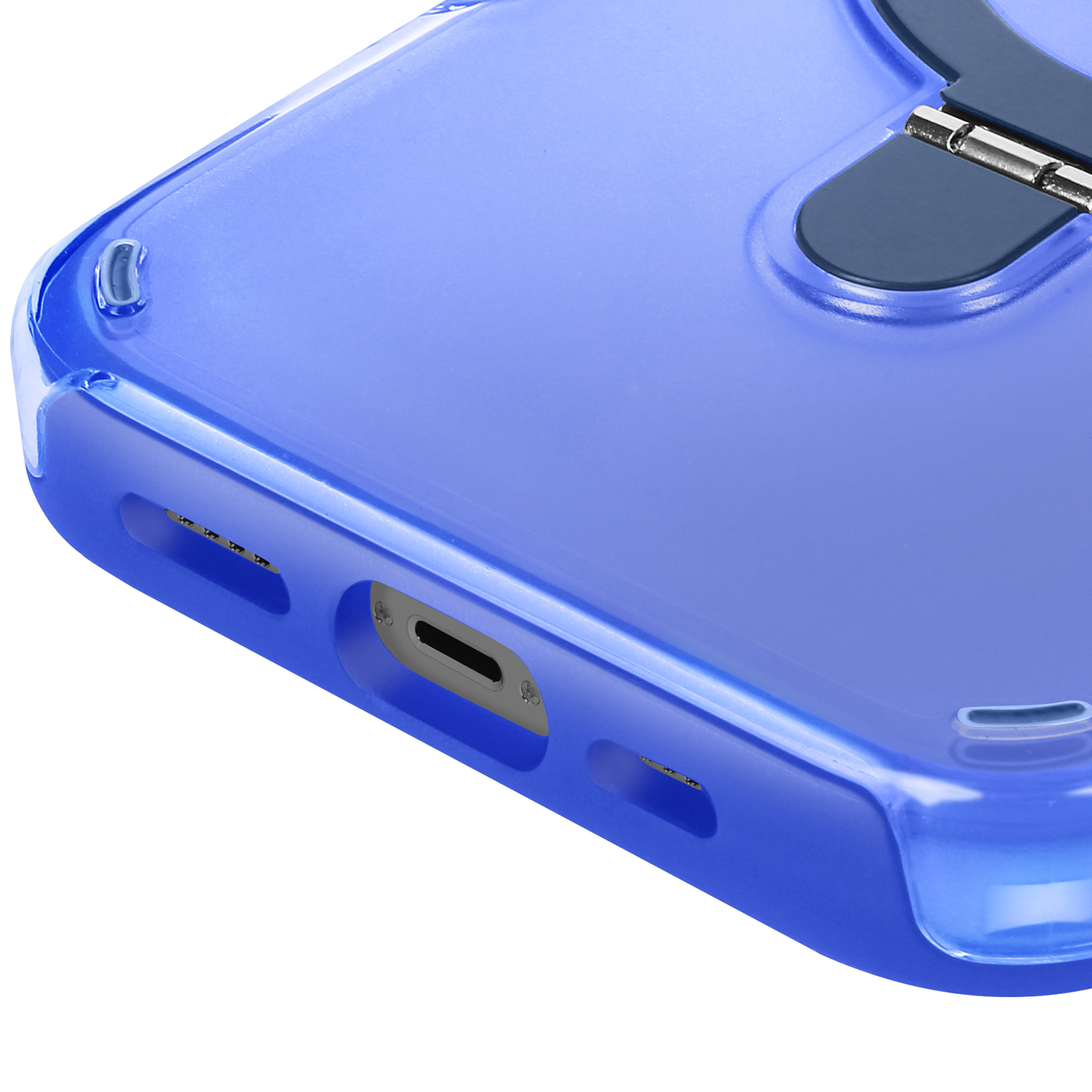 Custodia per telefono blu. La custodia ha una sezione trasparente, una porta di ricarica e un supporto.