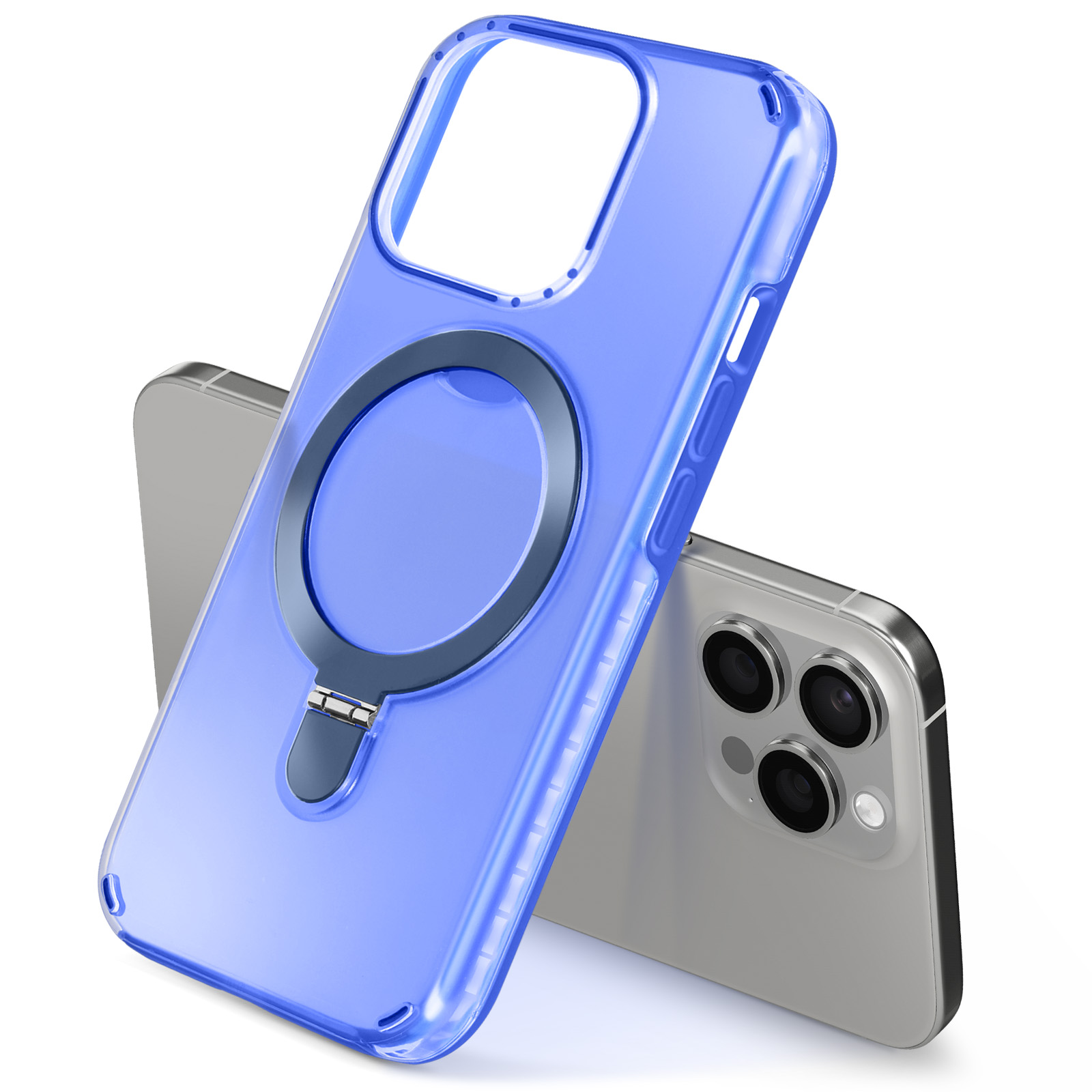 Telefono argentato con custodia blu. La custodia ha un anello magnetico e un supporto. Il telefono è visibile.