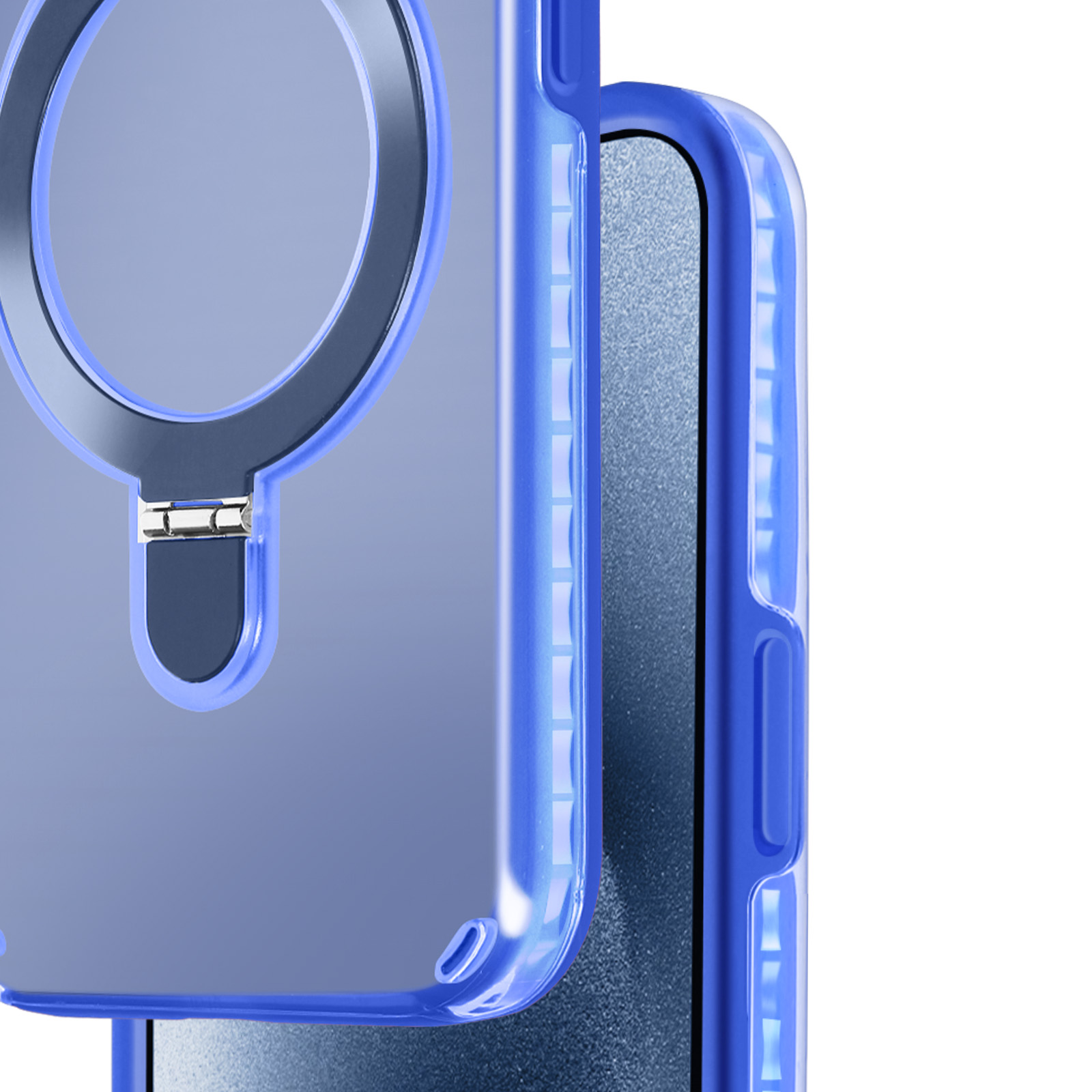 Primo piano di una custodia blu per telefono con anello.