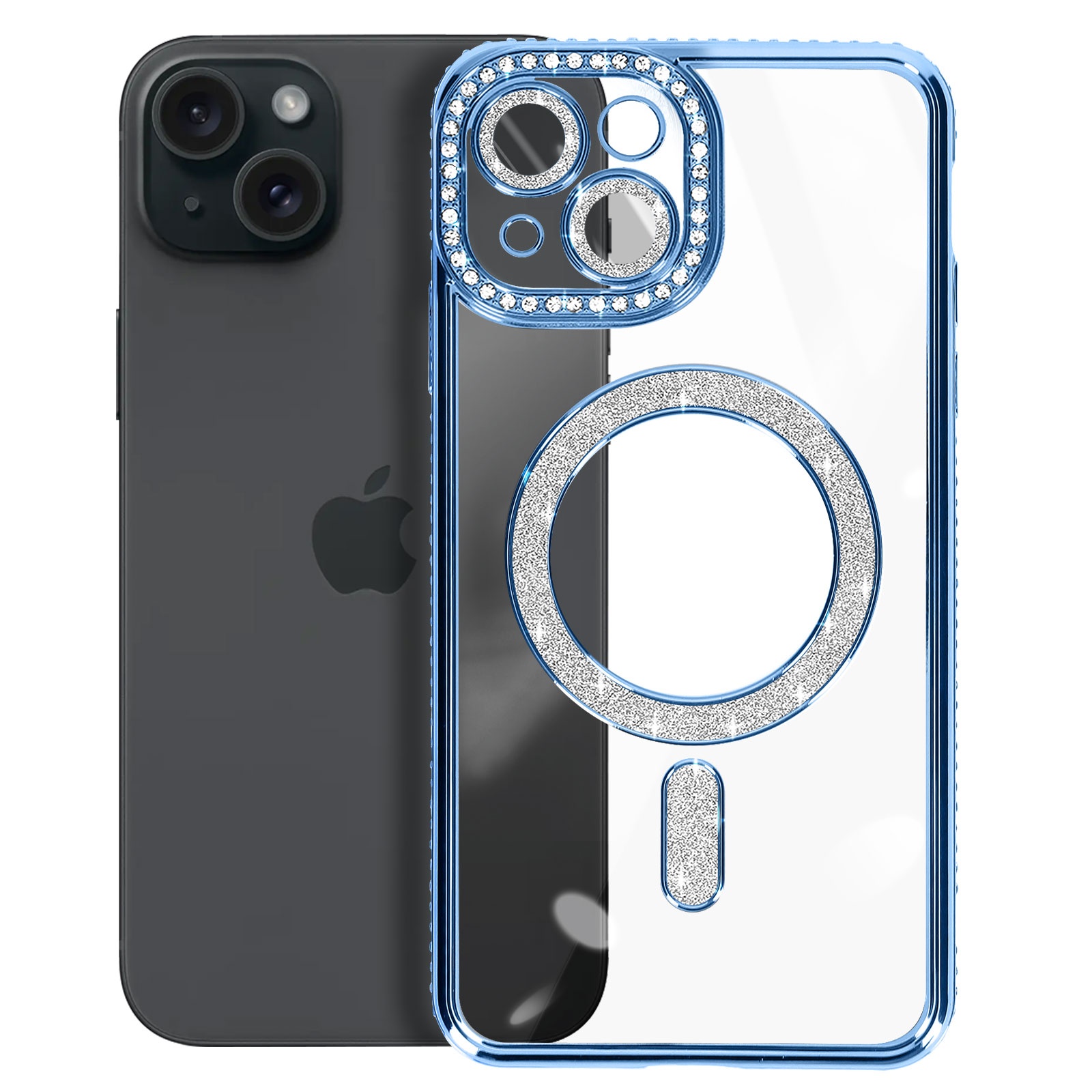 Telefono nero con custodia, cornice blu, retro trasparente con strass.