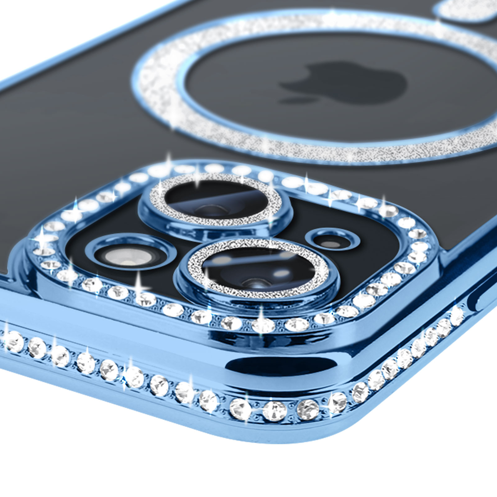 Custodia blu, retro trasparente con strass attorno alla fotocamera.