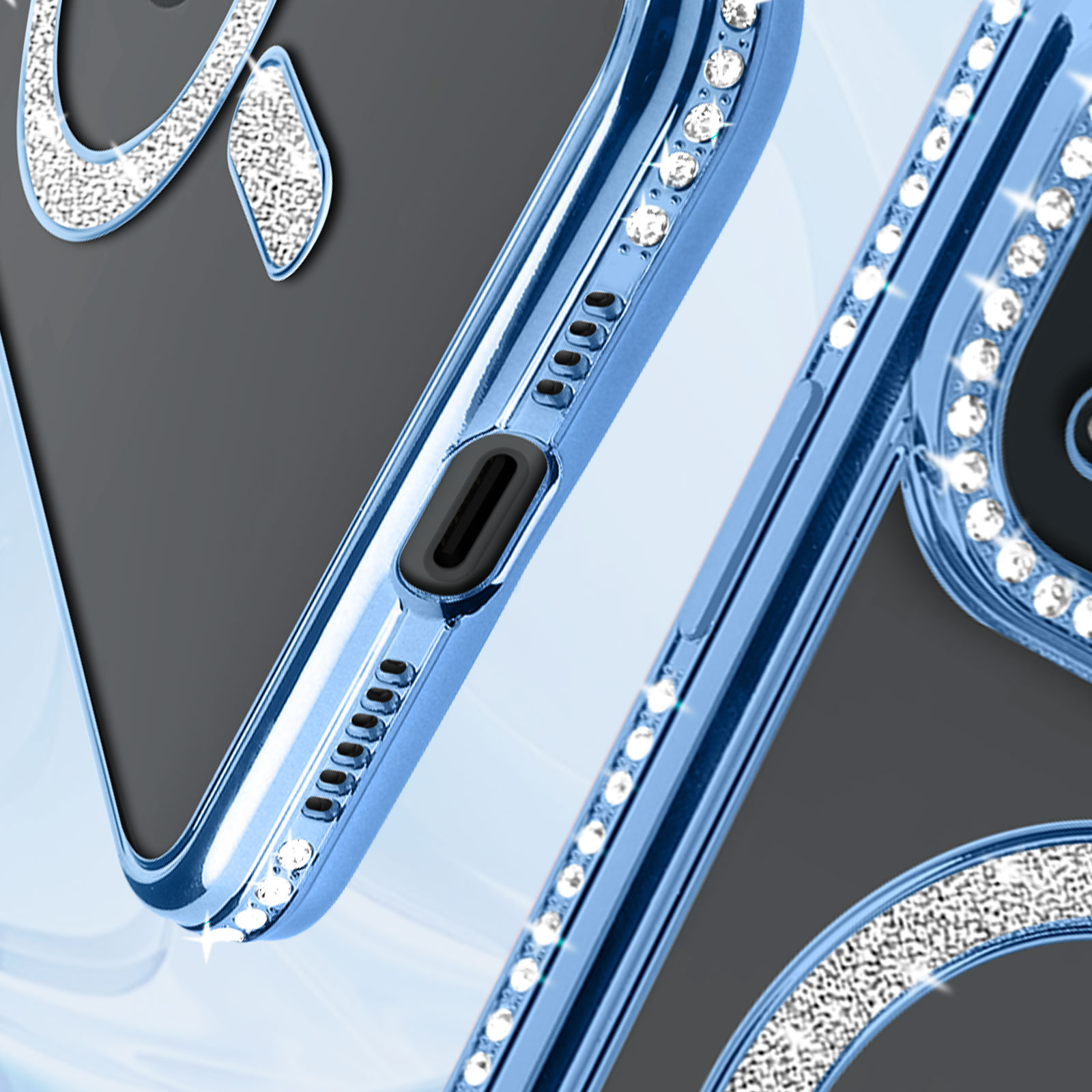 Primo piano di una custodia blu, che mostra il lato con strass.