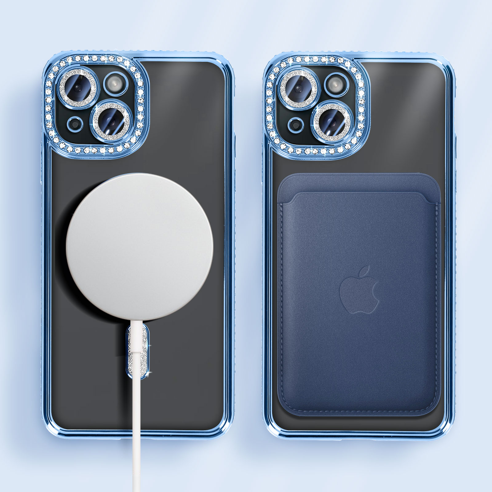 Due viste di un telefono con custodia, caricatore MagSafe bianco e porta carte blu.