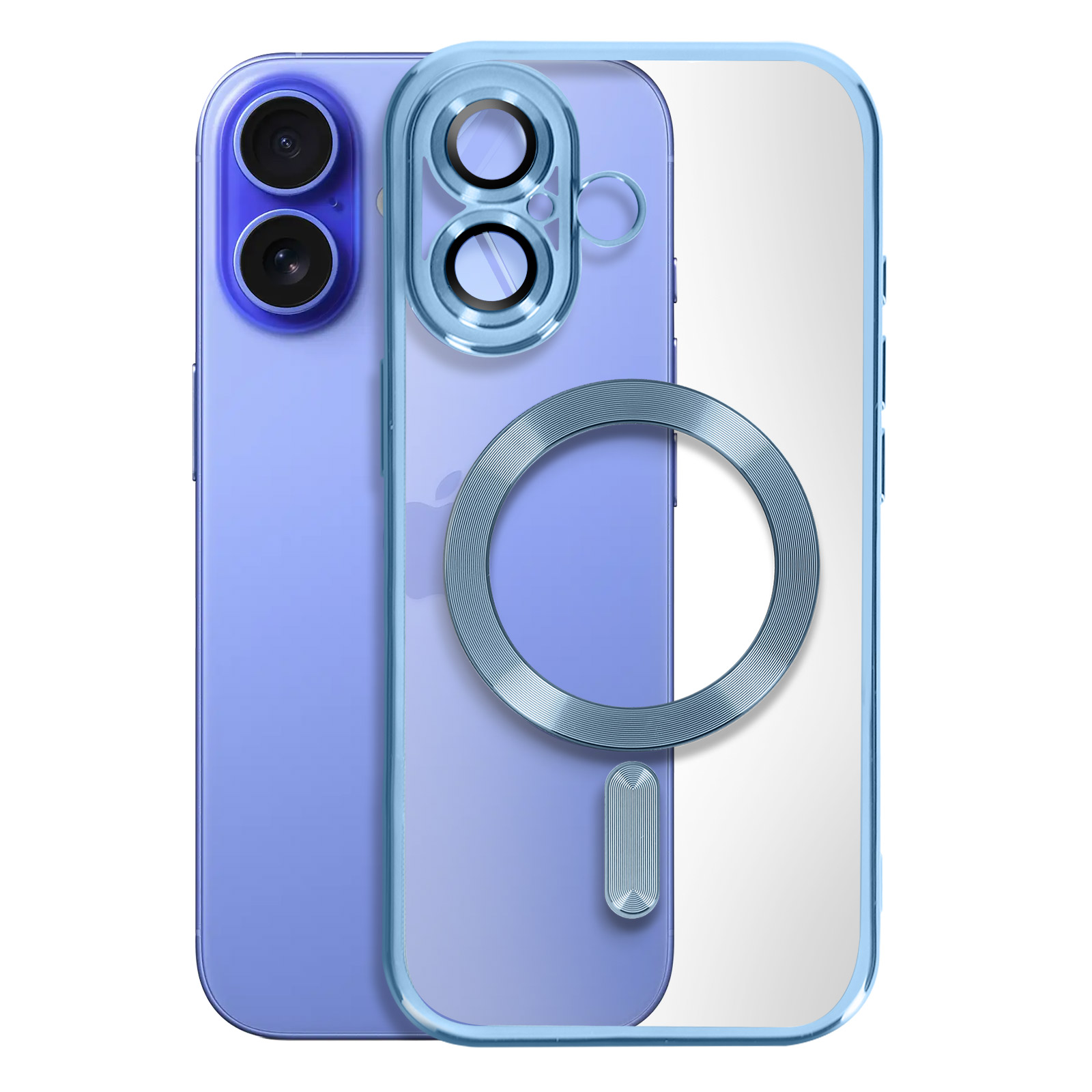 Custodia blu con retro trasparente, anello argento e telefono viola.