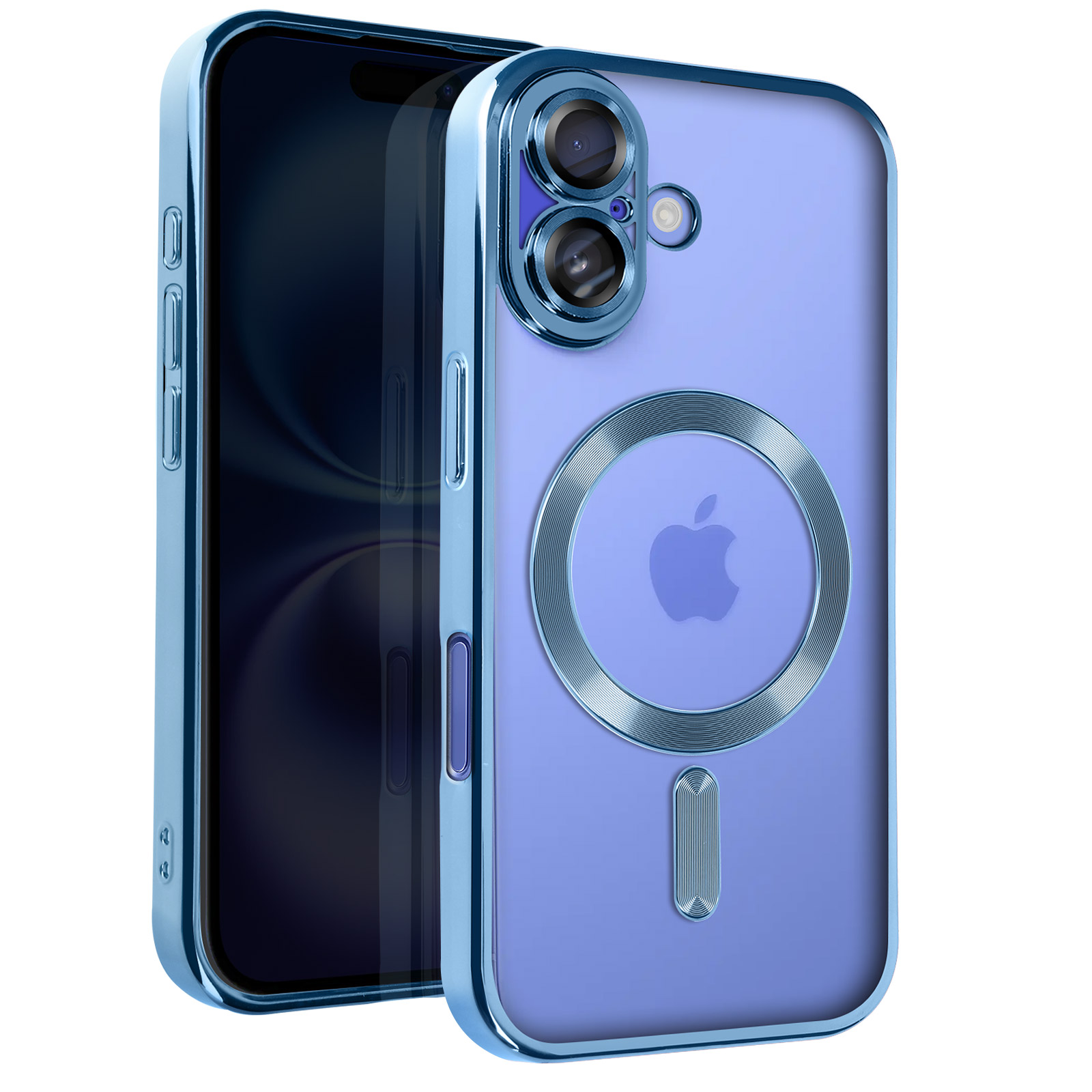 Custodia blu, retro trasparente, anello argento e telefono viola.