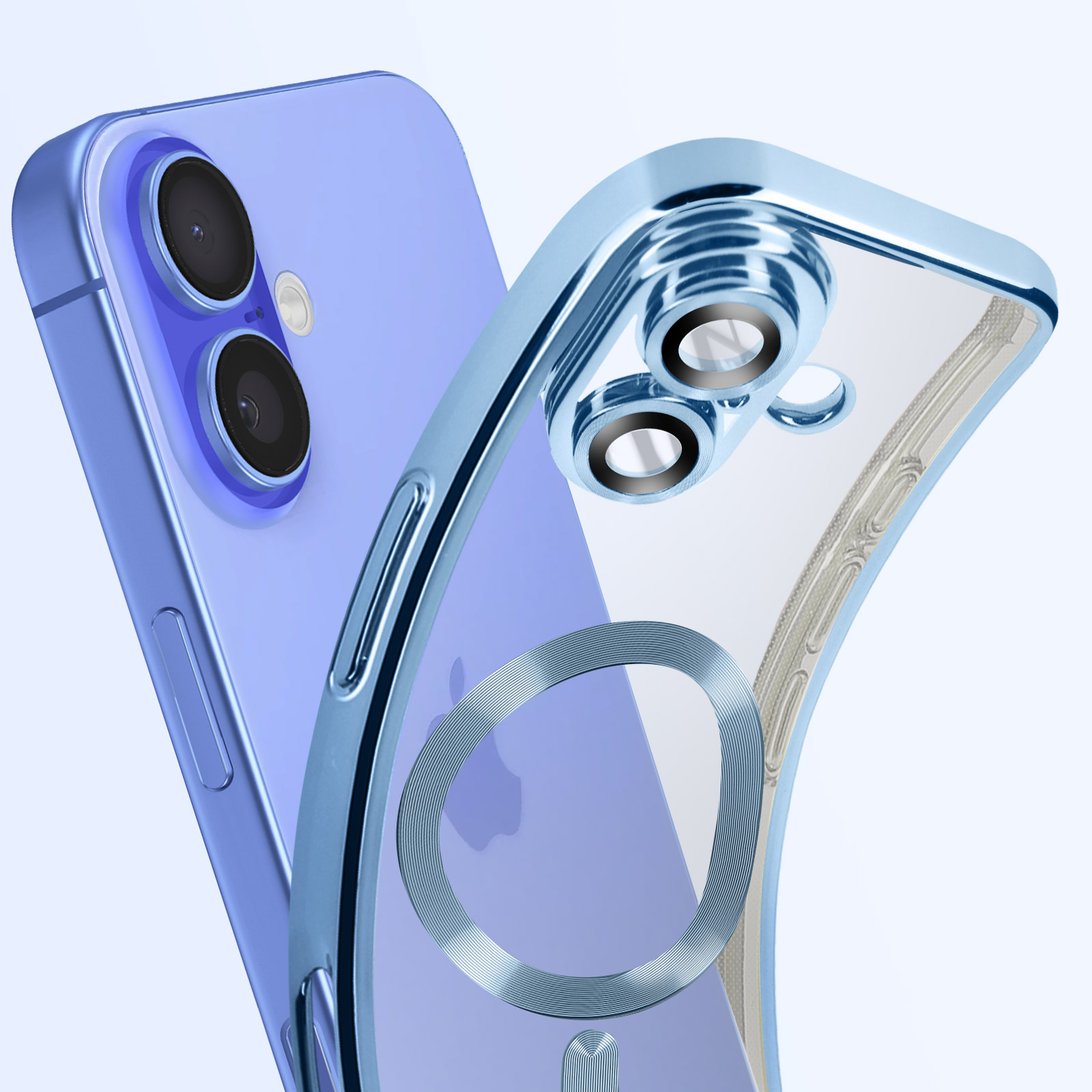 Custodia blu con retro trasparente e anello argento, telefono viola.
