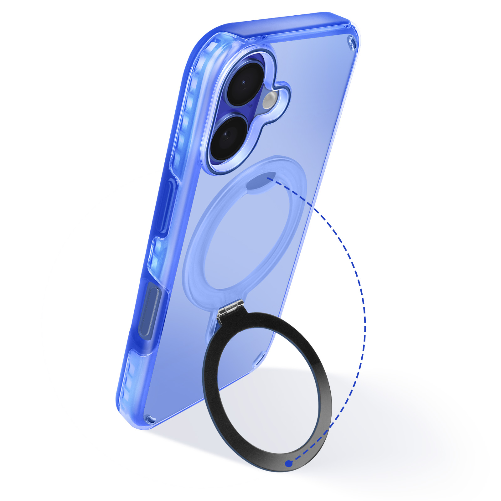 Custodia blu per telefono con anello di supporto.