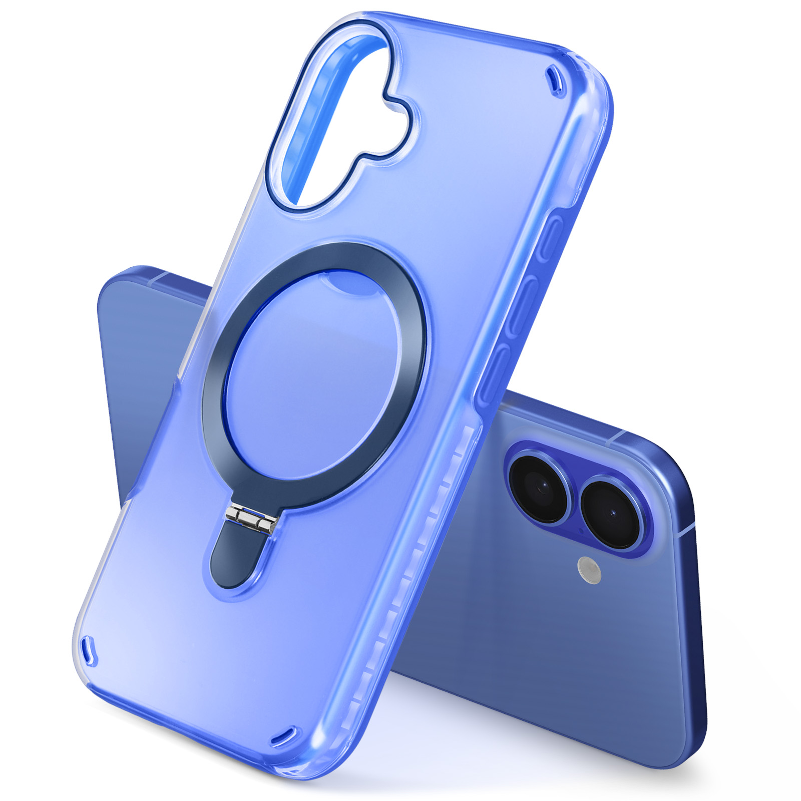 Custodia per telefono blu con supporto ad anello e un telefono blu.