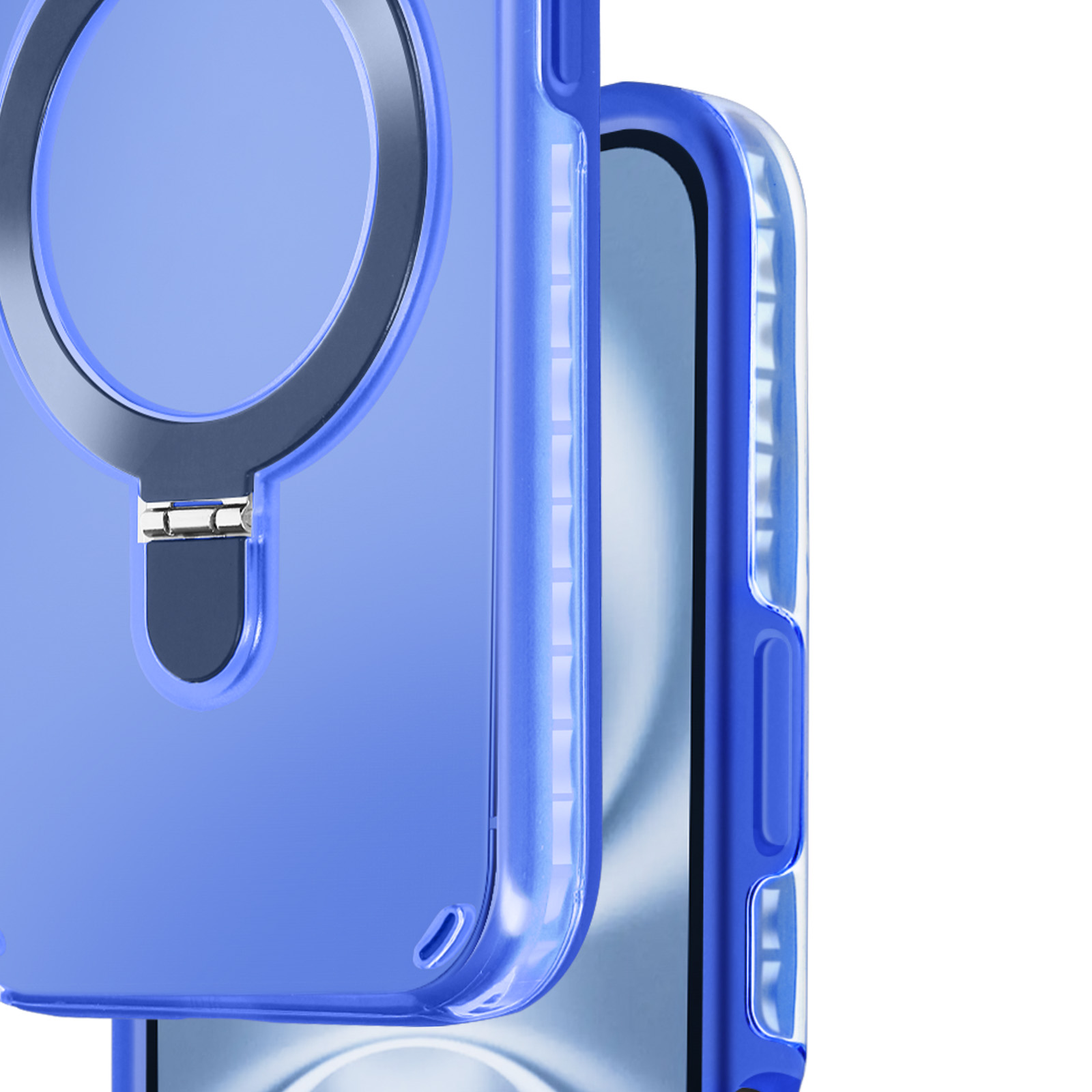 Custodia blu, retro trasparente, anello argento, telefono viola.
