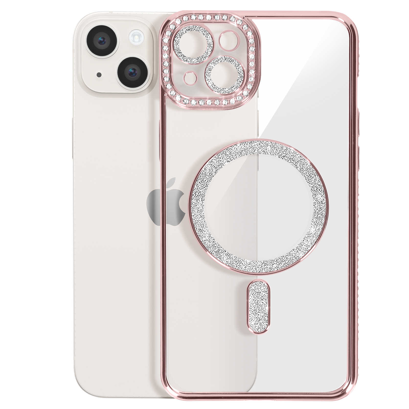 Telefono con custodia bordata di cristalli e anello di cristallo intorno alla fotocamera. Retro bianco.
