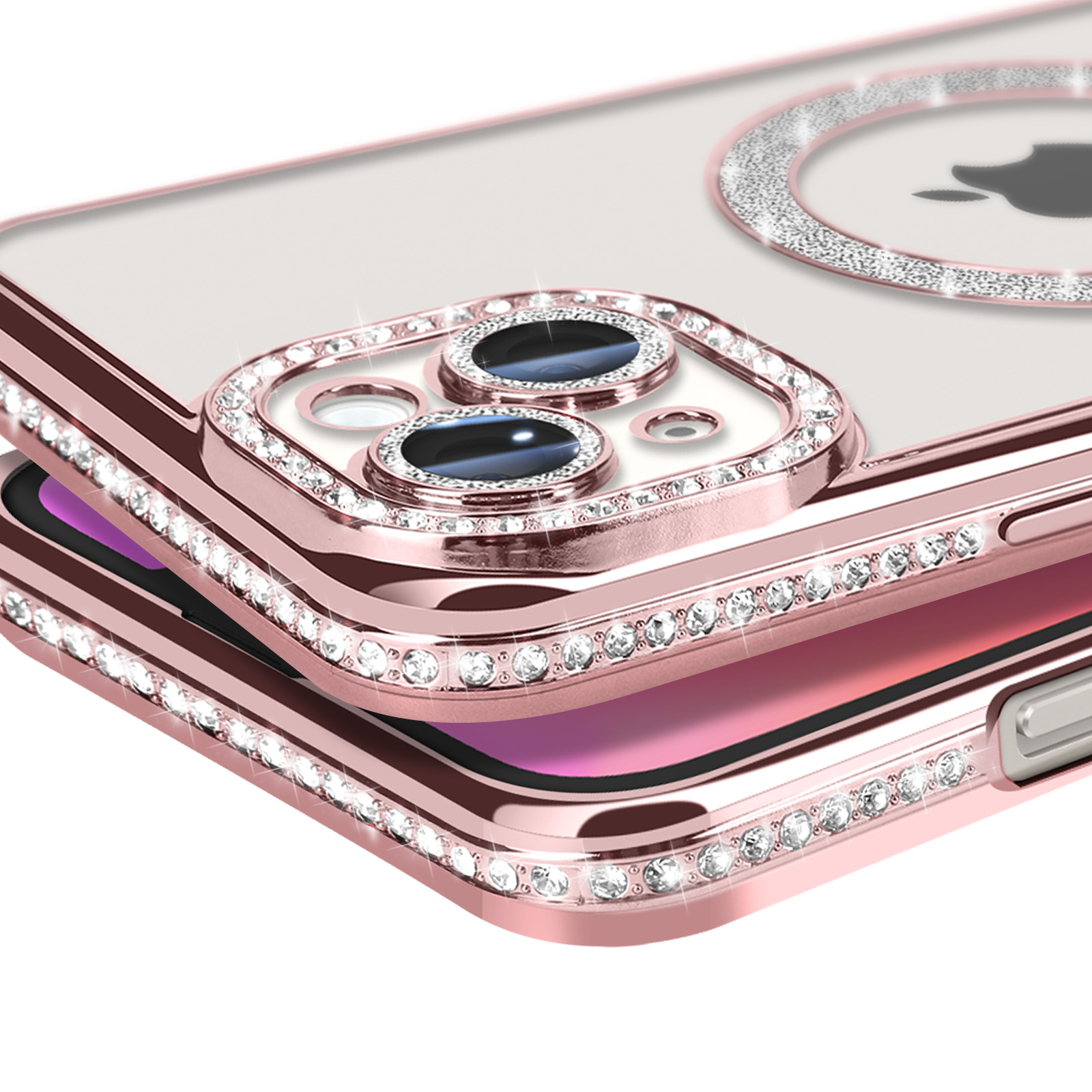 Custodia oro rosa con strass, retro trasparente e telefono.