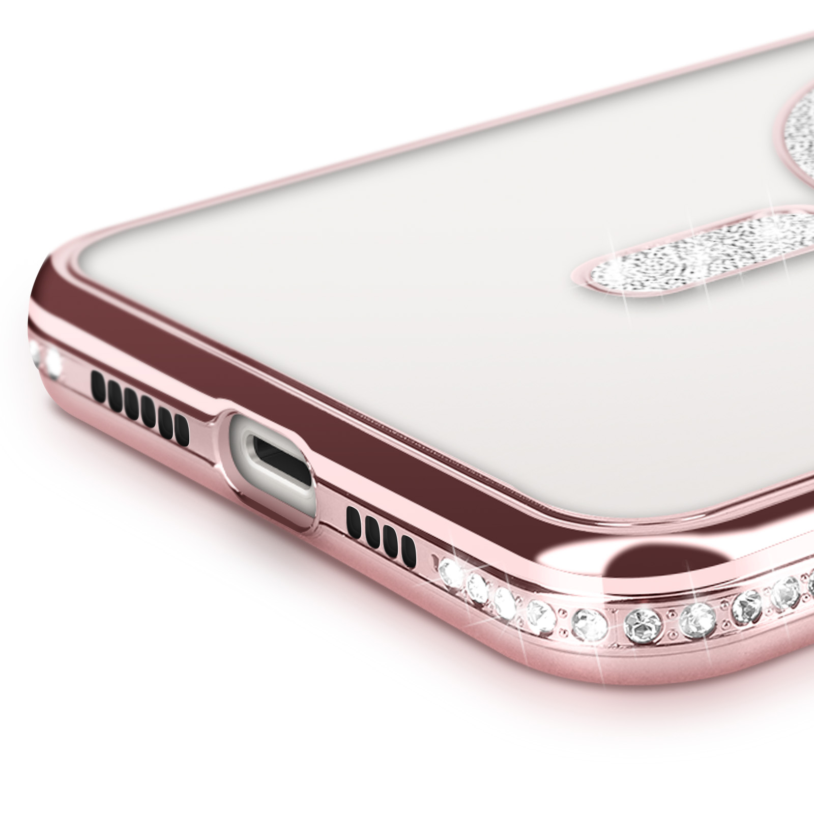 Primo piano di una custodia oro rosa con strass.