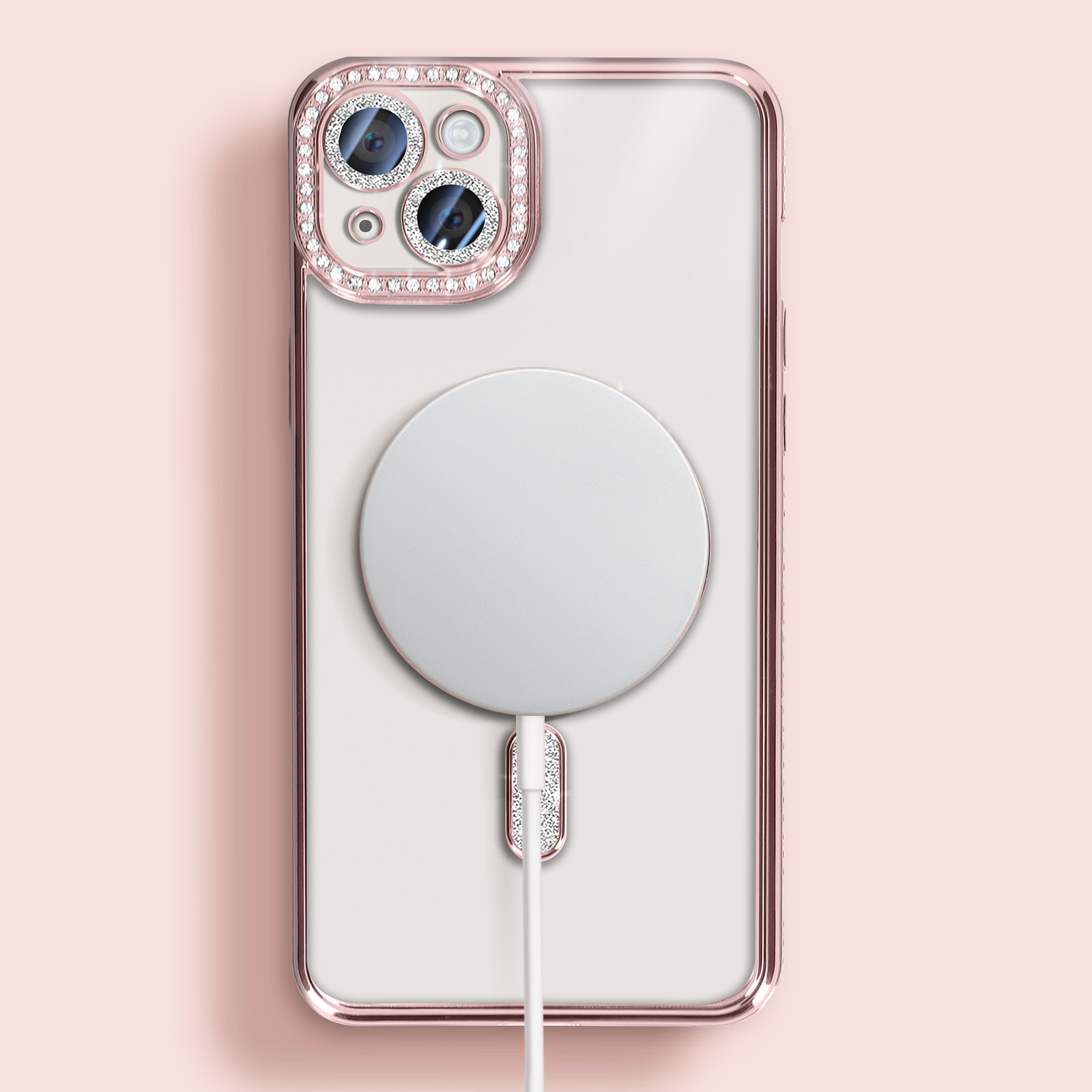 Custodia oro rosa con cristalli. Base di ricarica bianca con cavo e logo Apple.