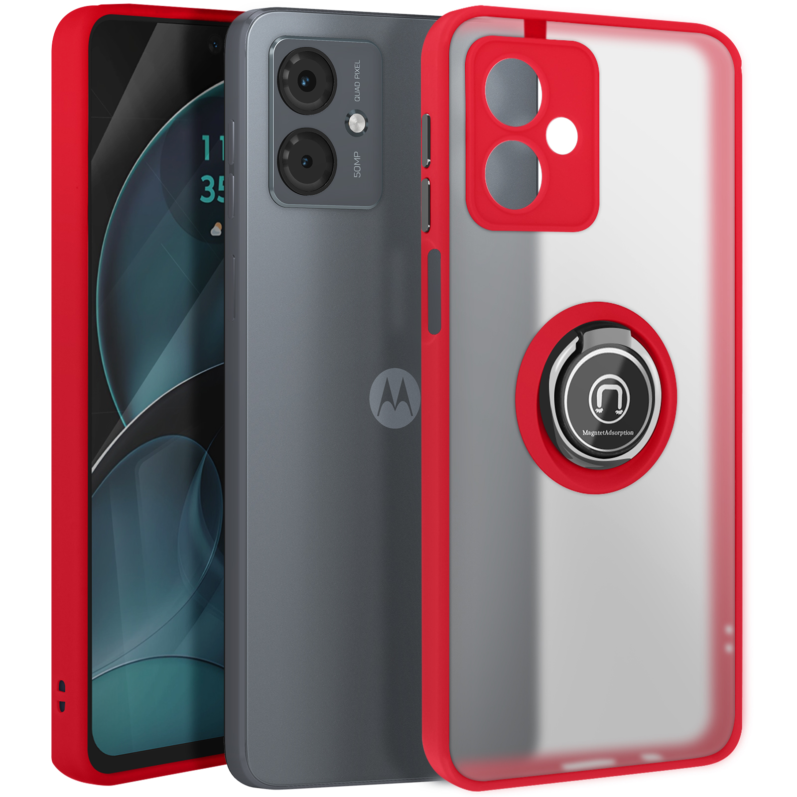 Graues Telefon, rote Handyhülle, durchsichtiger Rücken mit Ring und schwarzem Ring.