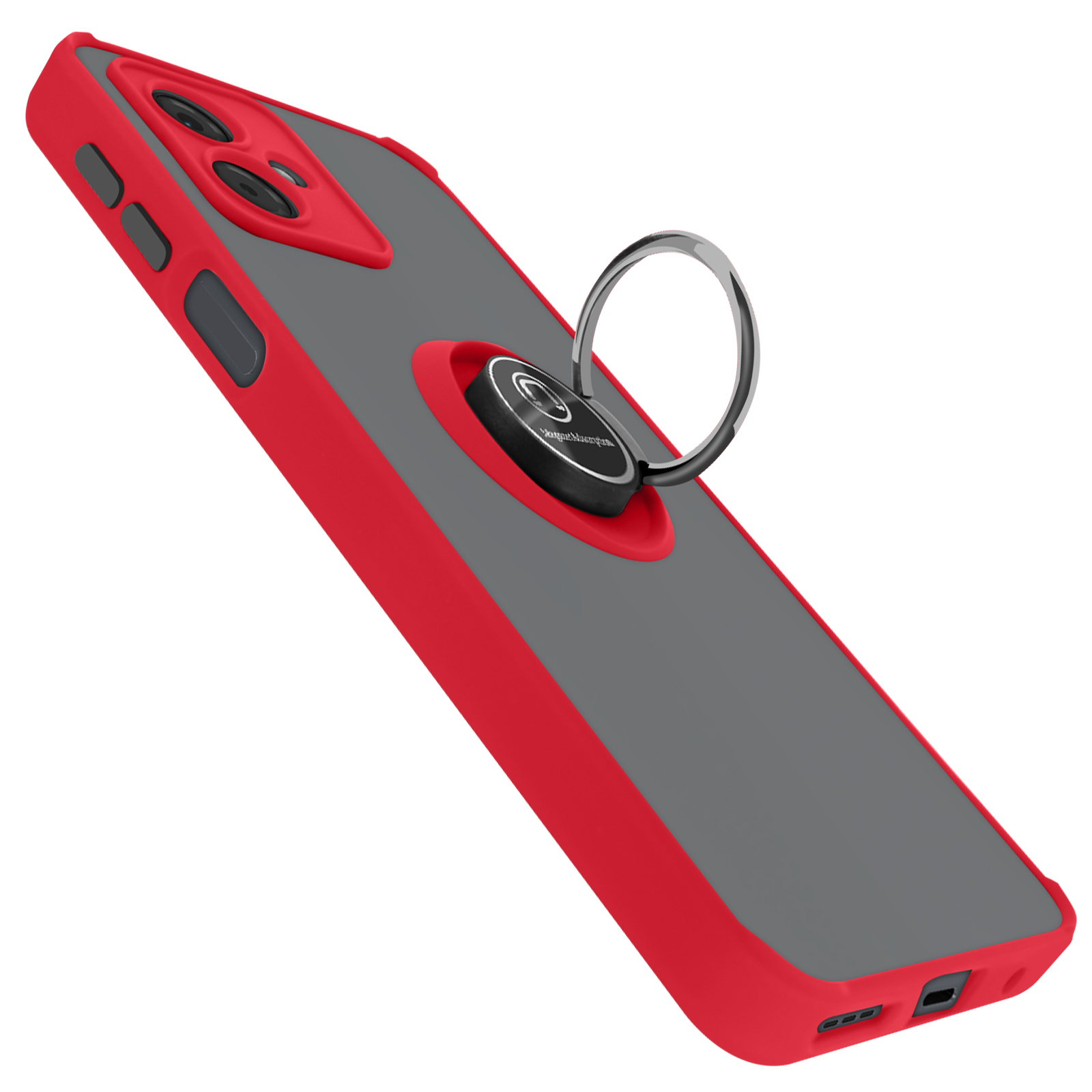 Telefon mit roter und grauer Hülle. Ein silberner Ring zum Halten befindet sich auf der Rückseite.