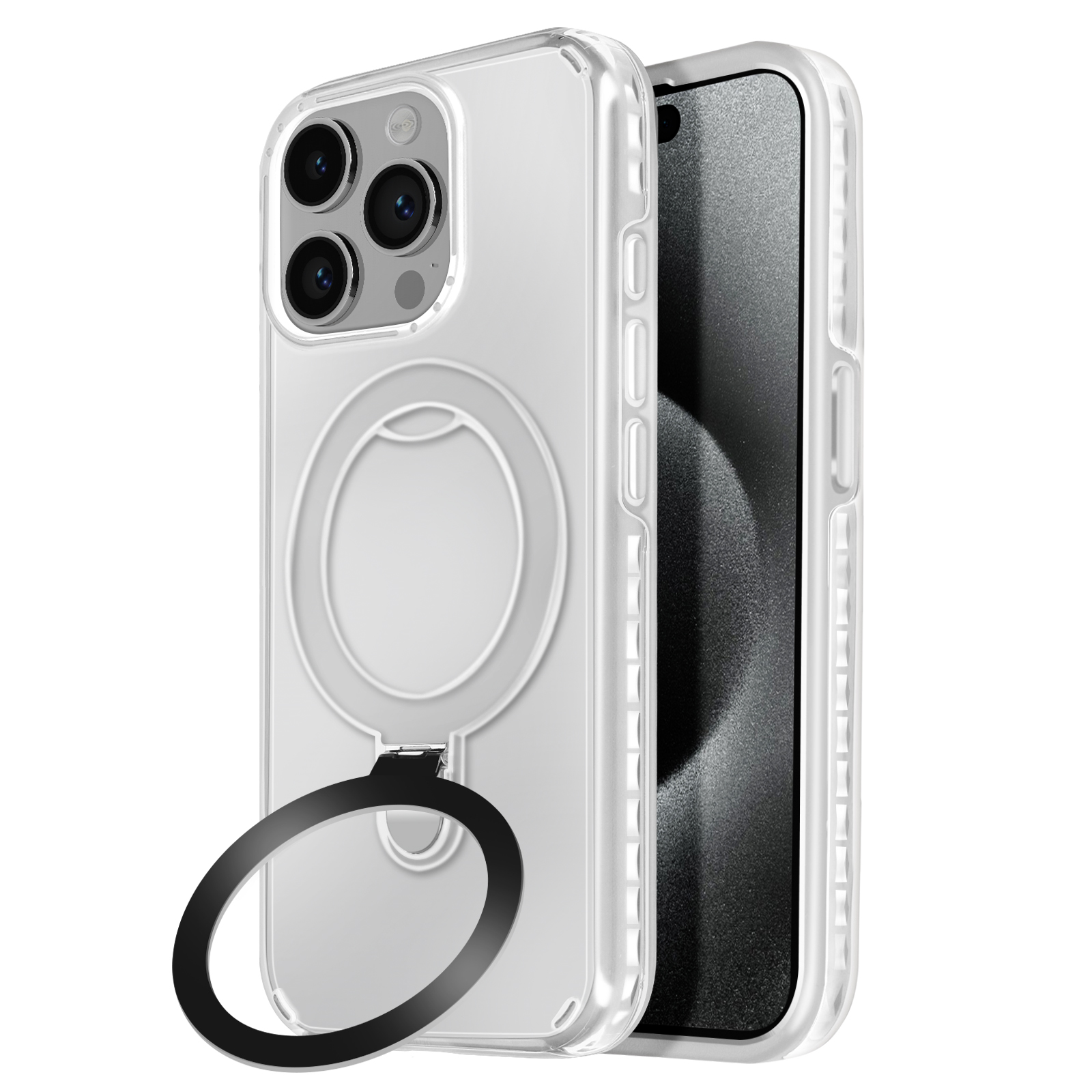 Custodia trasparente con anello nero e telefono all'interno. Sfondo bianco.