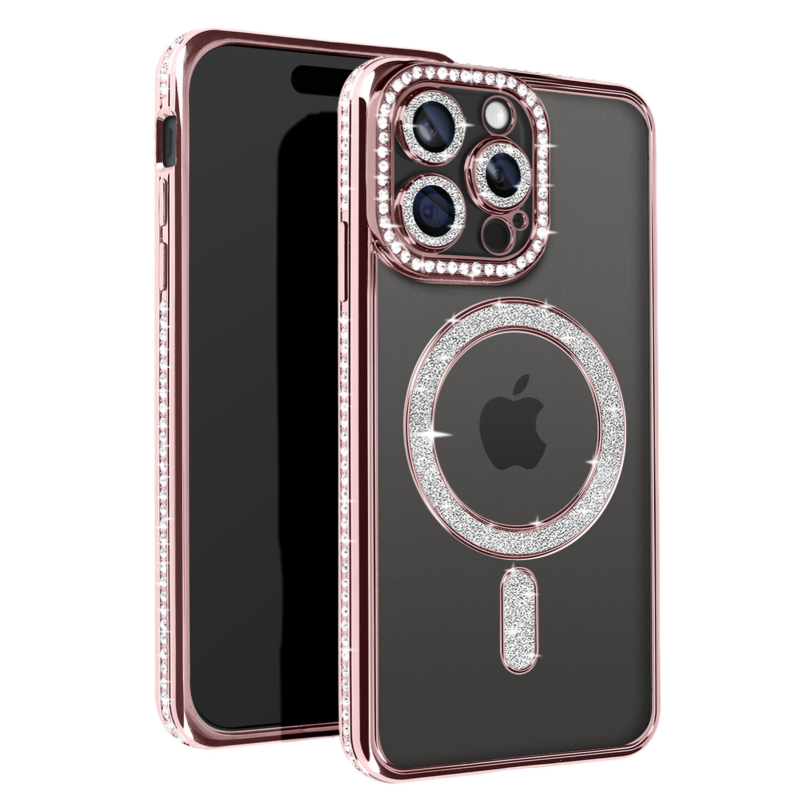 Telefono in una custodia tempestata di cristalli, con anello di cristallo e logo Apple. Retro nero.