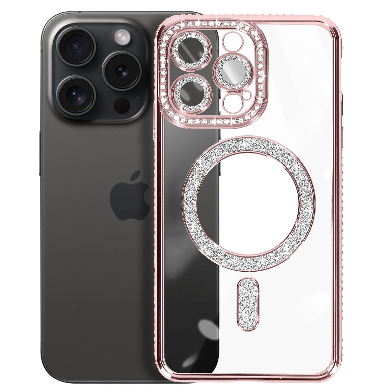 Telefono con custodia di cristallo e anello con cristalli. Base di ricarica e cavo bianchi. Sfondo rosa.