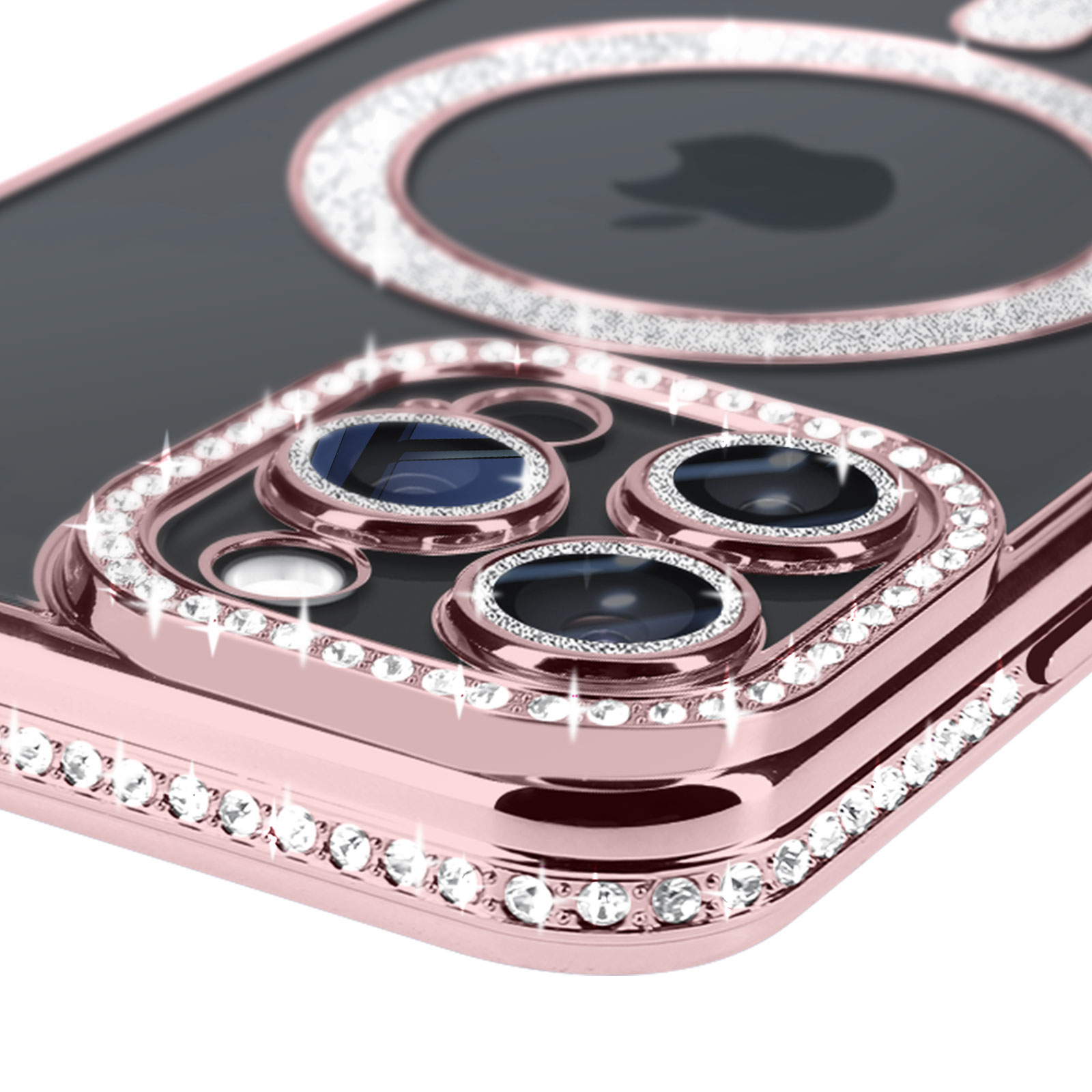 Primo piano di una custodia oro rosa con cristalli attorno agli obiettivi.
