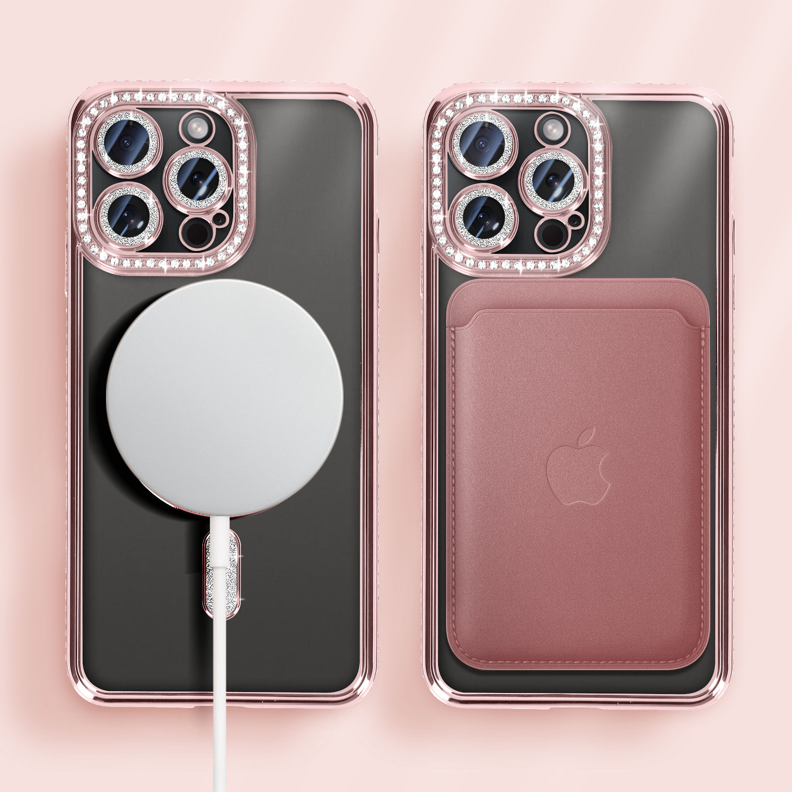 Due telefoni affiancati. Uno con custodia di cristallo e base di ricarica; l'altro, porta carte.