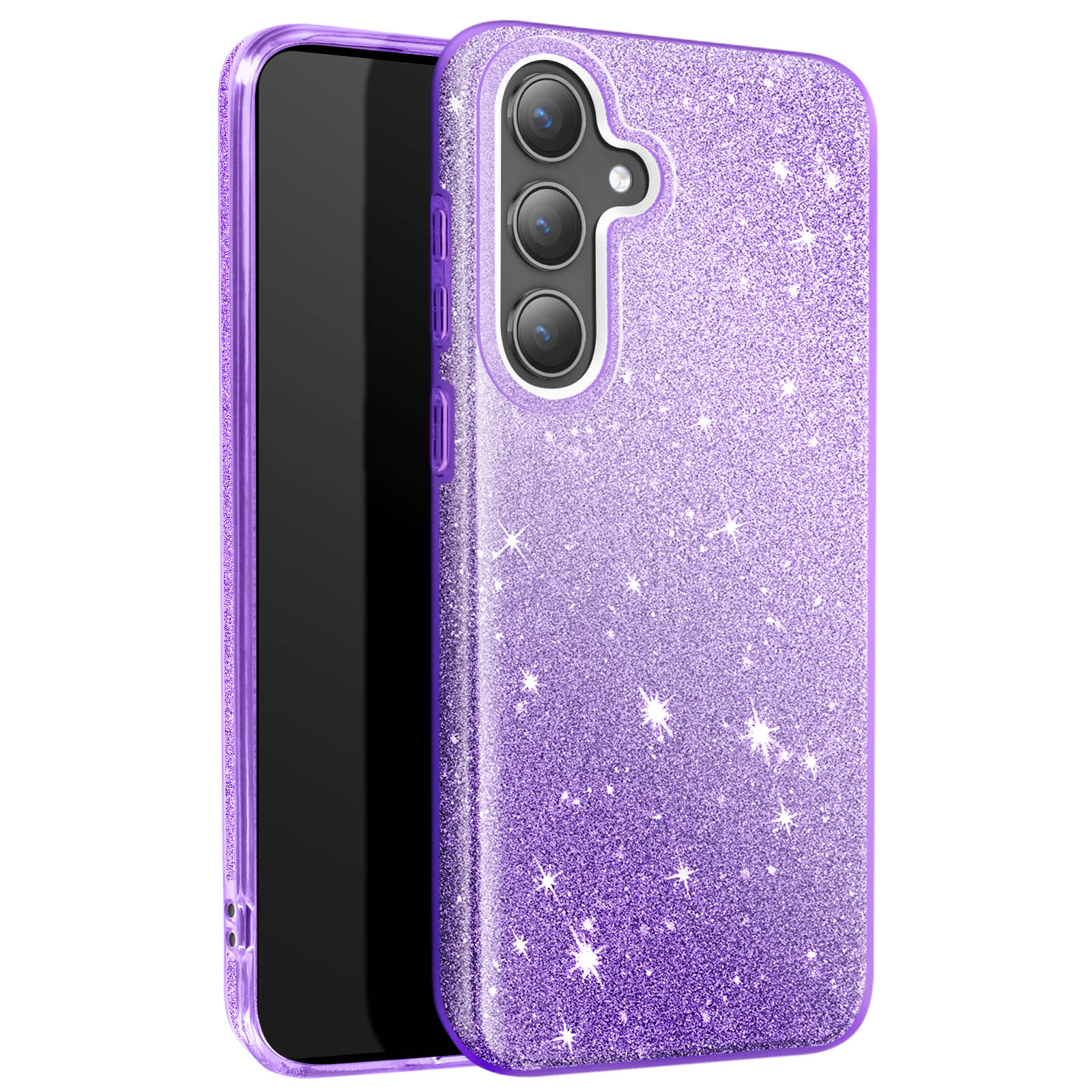 Telefono viola con custodia glitterata, effetto sfumato e tre obiettivi.
