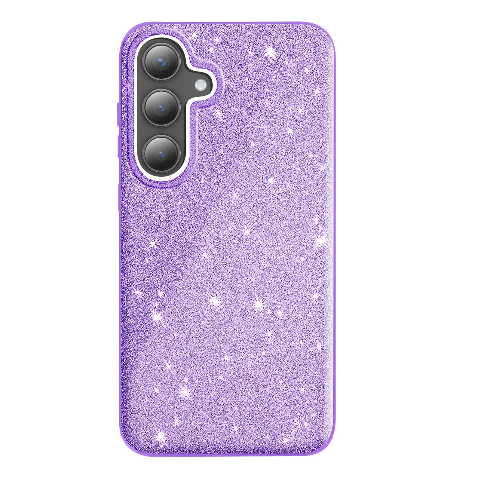 Custodia viola con tre obiettivi e superficie glitterata, sfondo bianco.