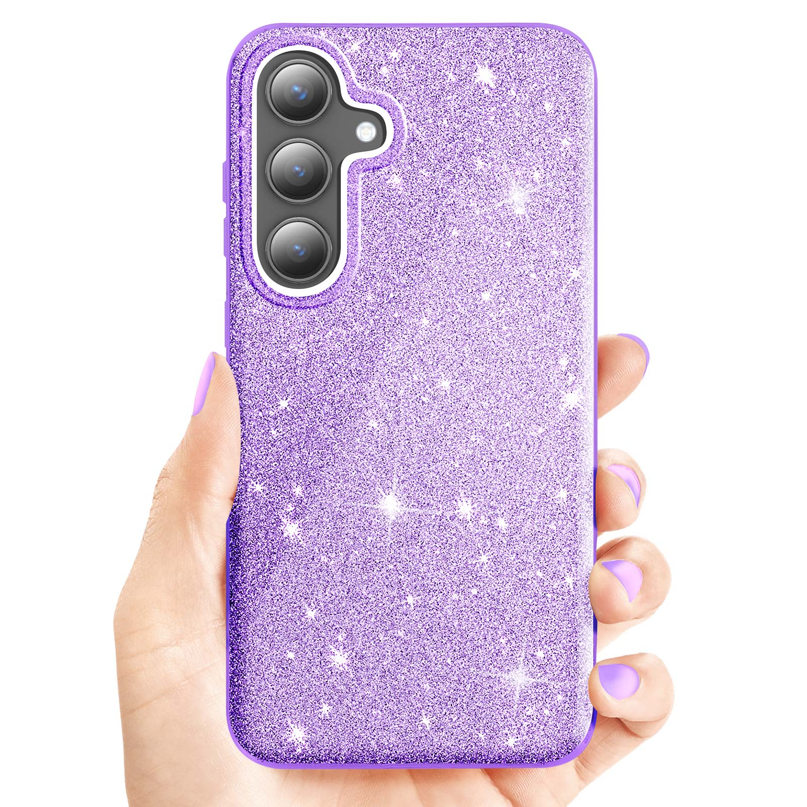 Una mano che tiene una custodia viola con glitter, mostrando gli obiettivi.