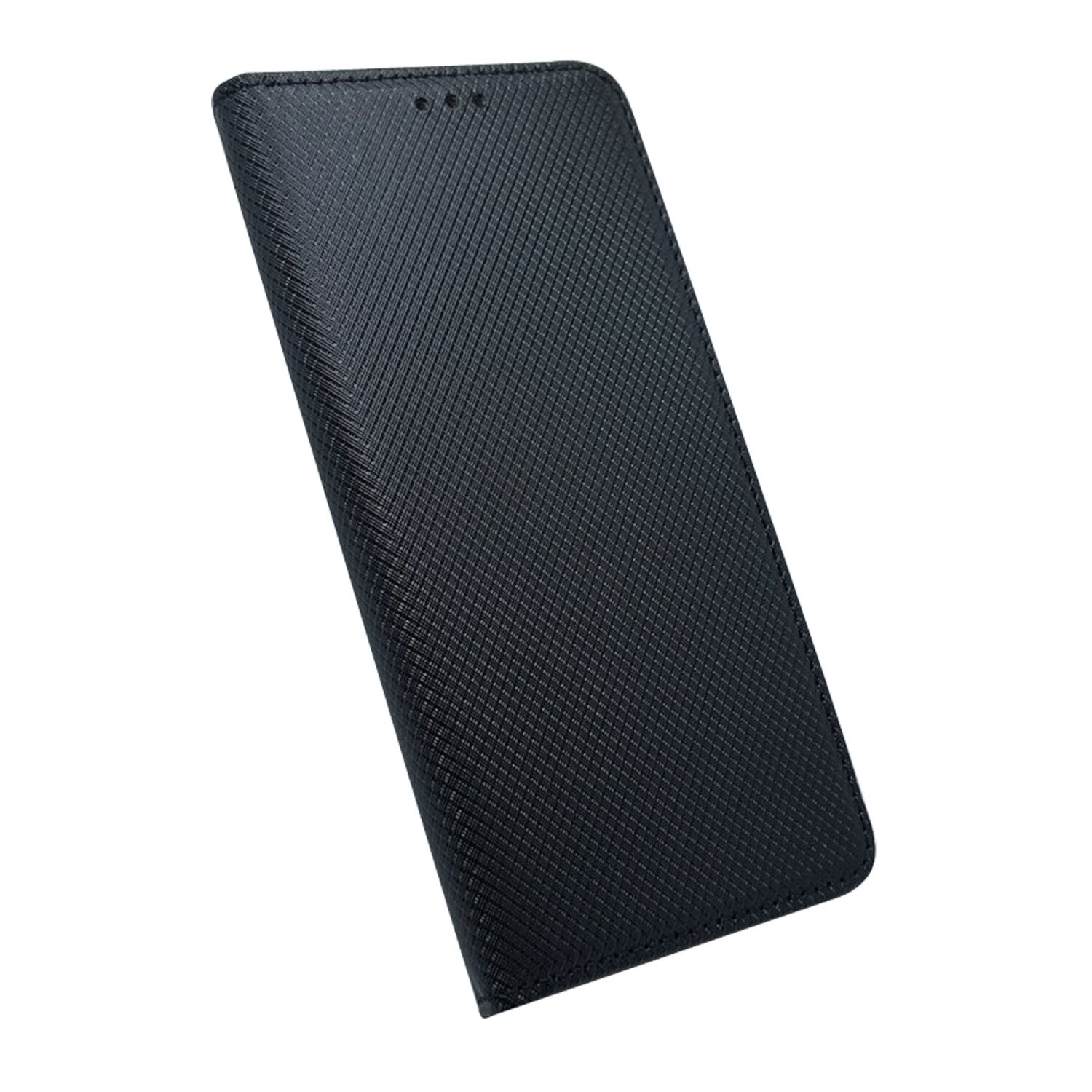 Custodia a libro nera per telefono, chiusa. Ha una superficie strutturata e un design elegante.